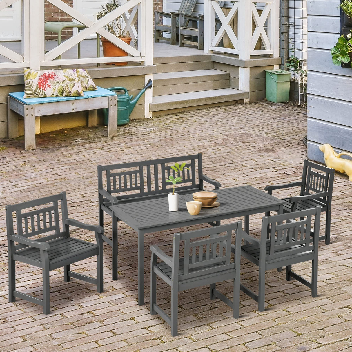 Outsunny 6 Piece Patio Dining Set, Outdoor Poplar Wood Furniture Set, Umbrella Hole Table and Chairs with Bench for Porch, Backyard, Balcony, Outside Garden, Dark Gray Outsunny