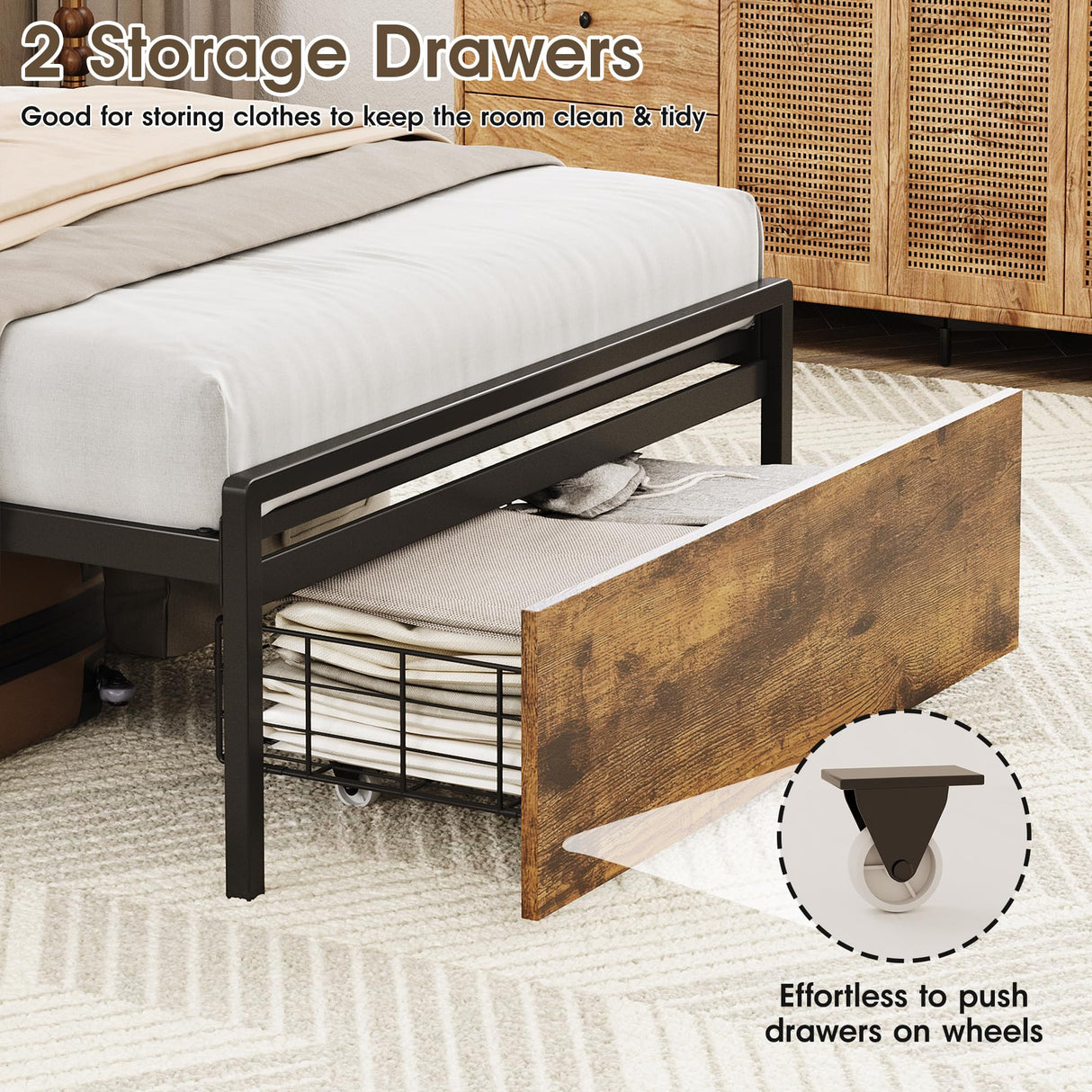 Maupvit Twin Bed Frame with 3-Tier Storage Shelves, Storage Drawer and Headboard, Twin Size Bed with Charging Station & LED Lights, Metal Platform Bed with Storage, No Box Spring Needed, Brown Maupvit