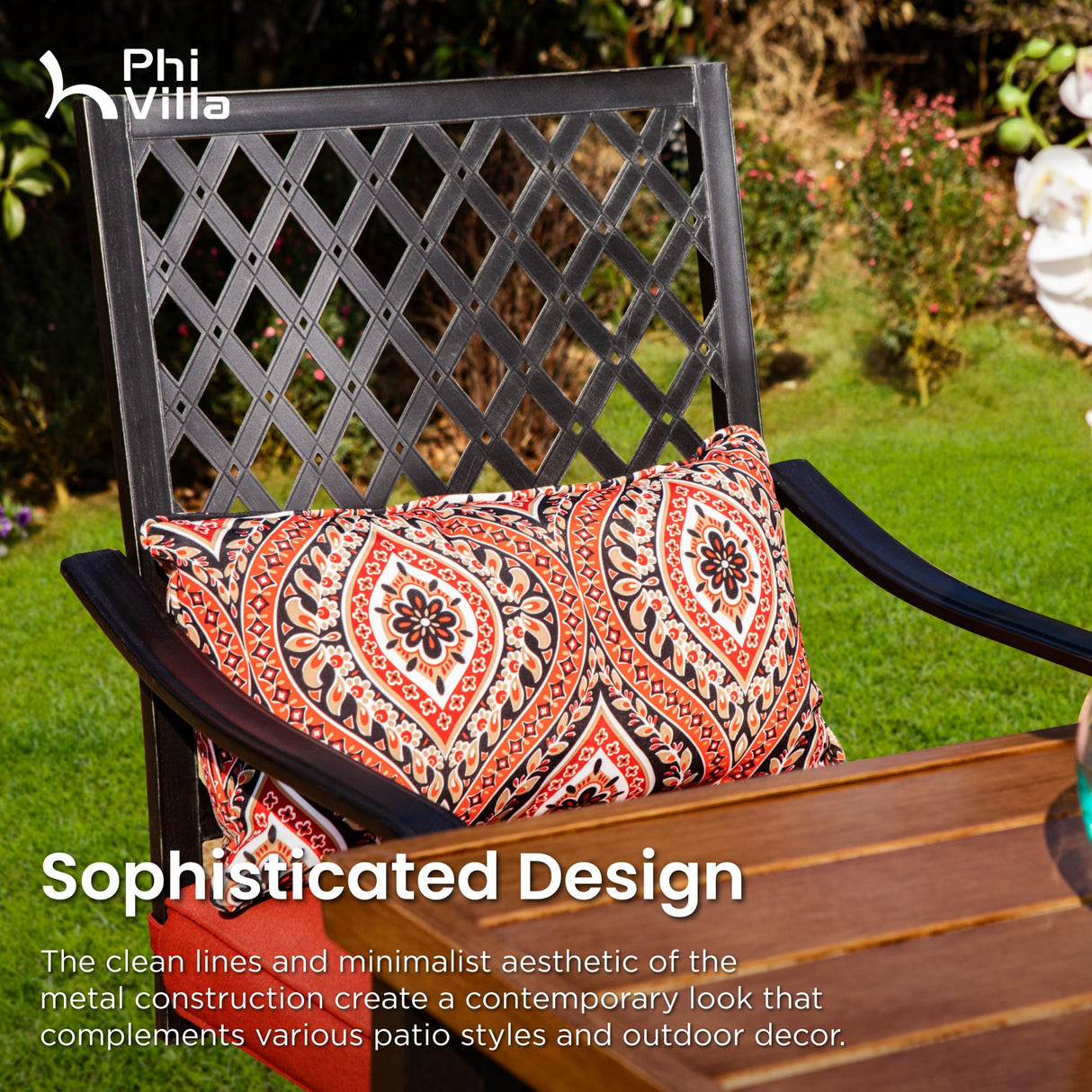 PHI VILLA 5 pcs Outdoor Bar Set, Outdoor Swivel Bar Stool with Red Seat Cushion and Lumbar Support,Extra Large Metal Bar Table with Umbrella Hole for Poolside Garden PHI VILLA