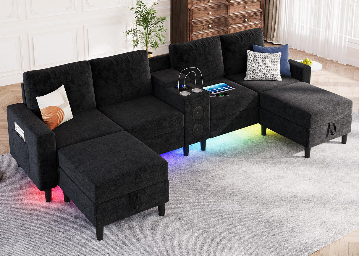 ZSDT Sectional Couches for Living Room, 6 Seat Sectional Sofa Smart Module-Bluetooth Speaker/RGB Light/Charging Station, Chenille U Shaped Couch with 2 Movable Storage Ottomans (Black) ZSDT