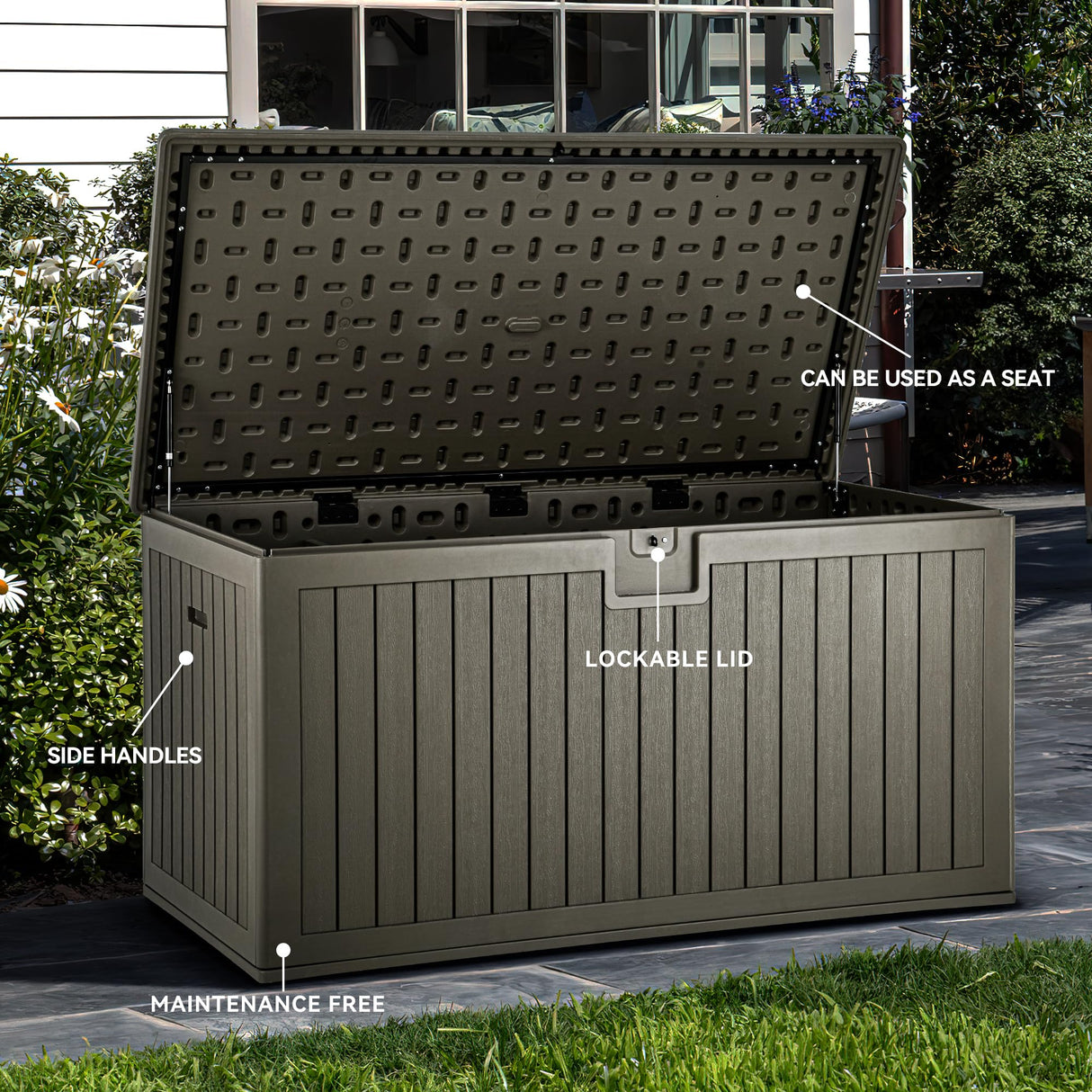 YITAHOME XXL 230 Gallon Large Deck Box,Outdoor Storage for Patio Furniture Cushions,Garden Tools and Pool Toys with Flexible Divider,Waterproof,Lockable (Light Brown) YITAHOME