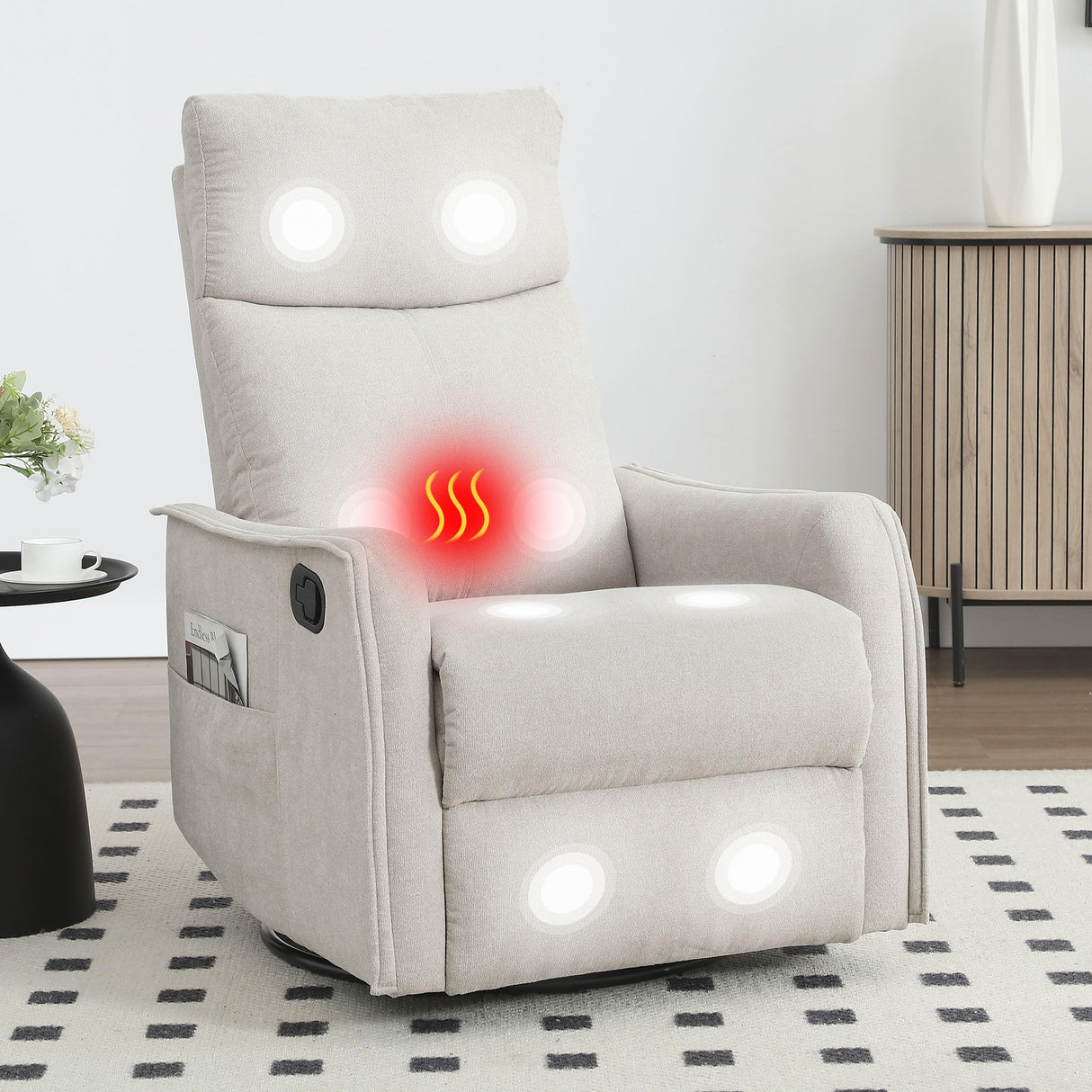 Massage Rocker Swivel Recliner Chair for Adults, Manual Recliner Glider with Lumbar Heating, Technical Flannel Fabric Nursery Glider Rocking Chair with Vibration Massage for Living Room - Beige EZZUP