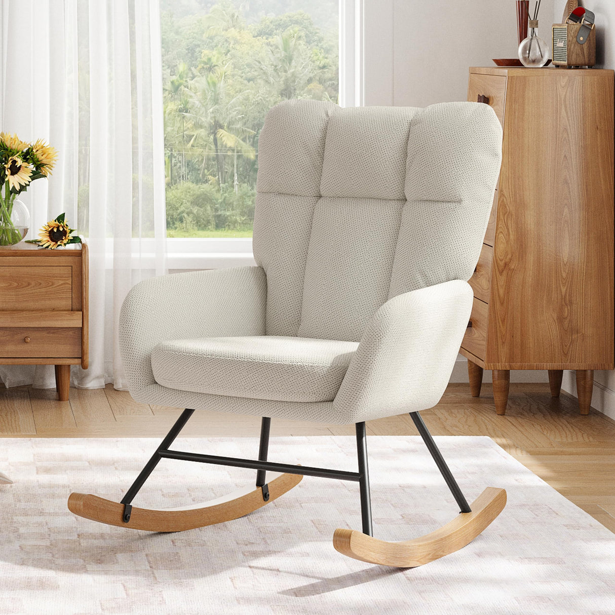AYEASY Rocking Chair Nursery, Teddy Baby Nursery Rocking Chairs, Modern Nursing Chair for Breastfeeding, Nursery Rocker for Small Spaces Indoor, Accent Glider Chairs for Living Room, Bedroom, Beige AYEASY