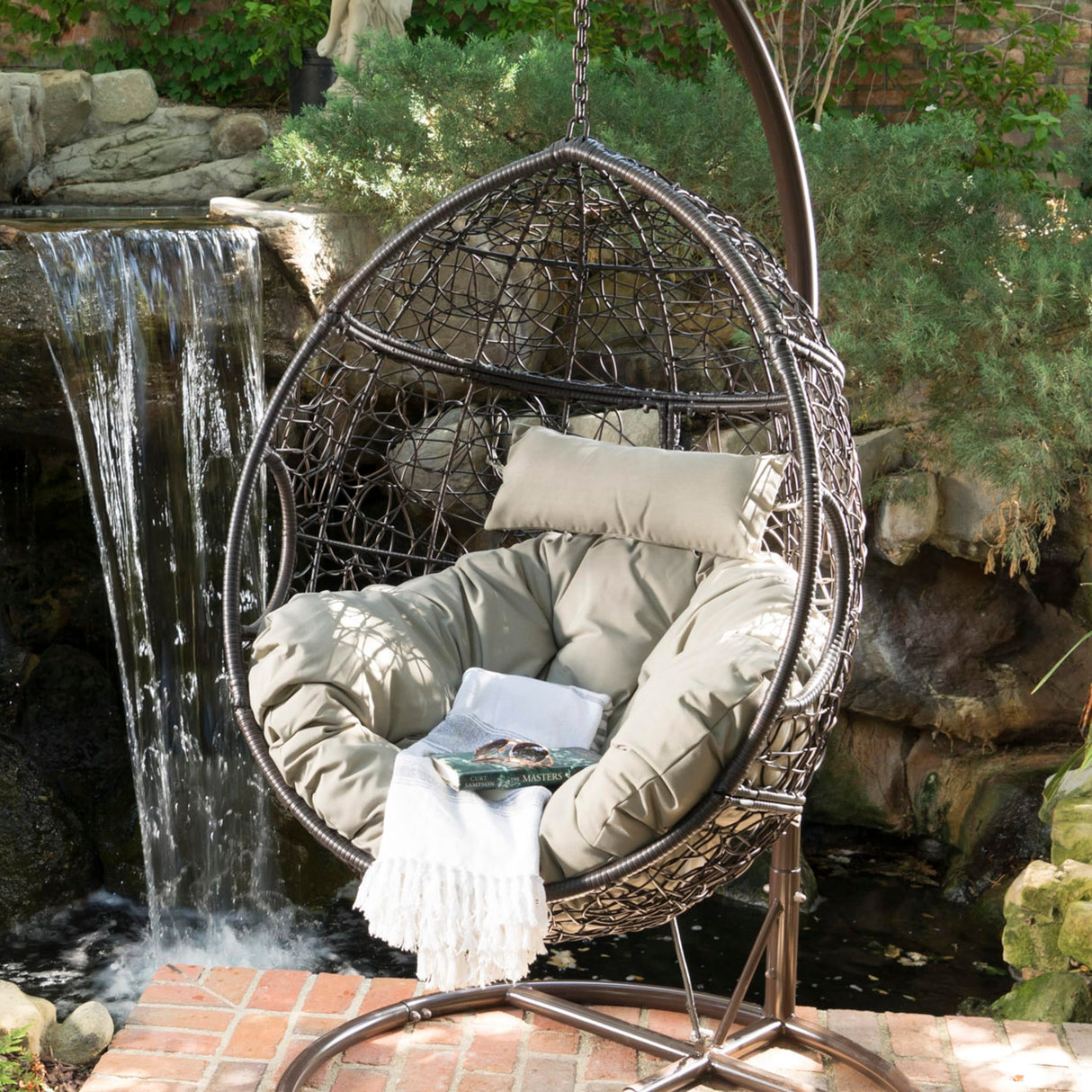 Outdoor Hanging Egg Chair, Patio Wicker Swing Egg Basket, Wicker Hammock Chair, Rattan Basket Hanging Chairs Without Stand(Only Basket, NOT Include a Hanging Stand), Khaki + Brown Ziraukon