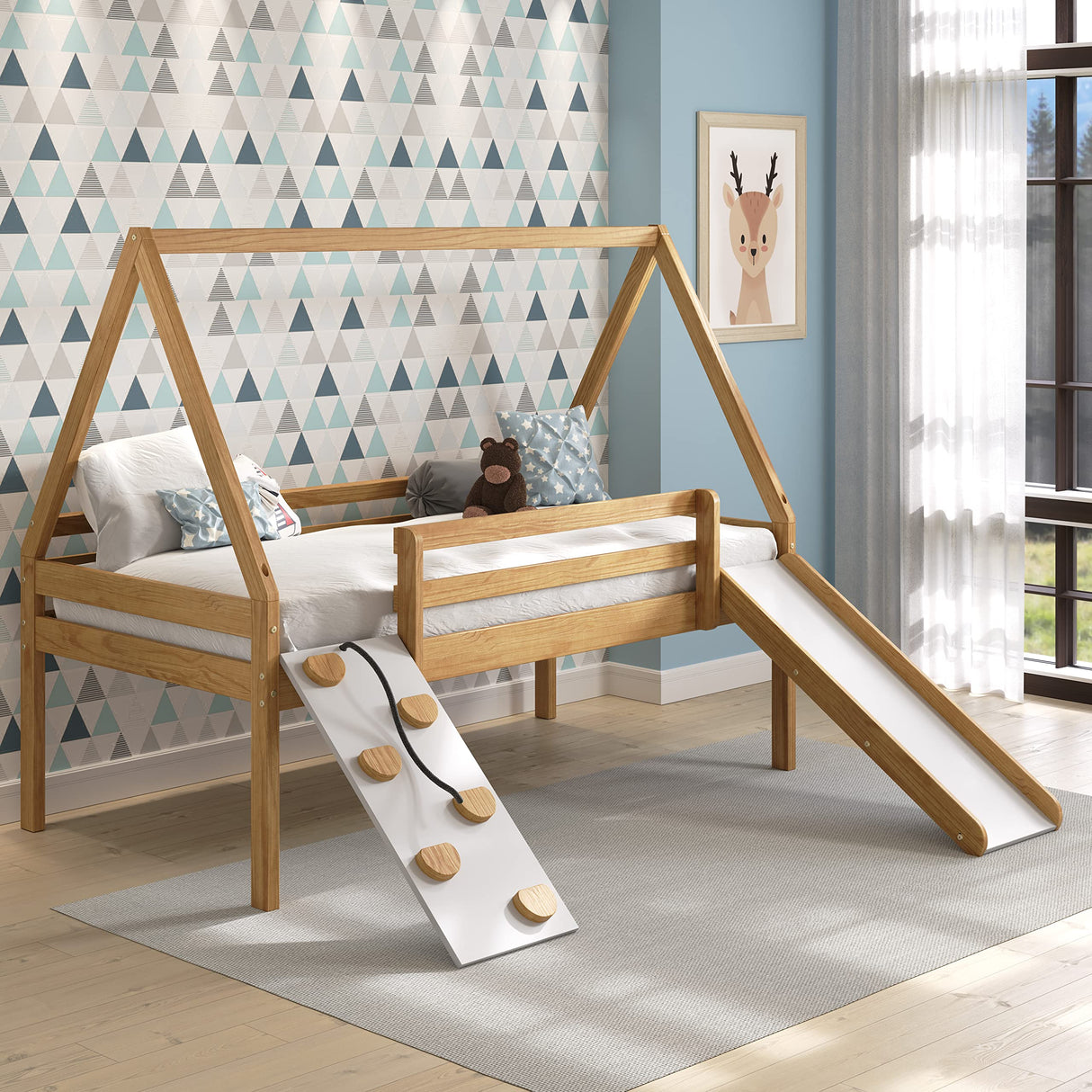 P'Kolino Casita Play Bed - Twin - Low Loft Bed with Slide, Climbing Ramp - Solid FSC Certifed Wood - Natural Wood P'Kolino
