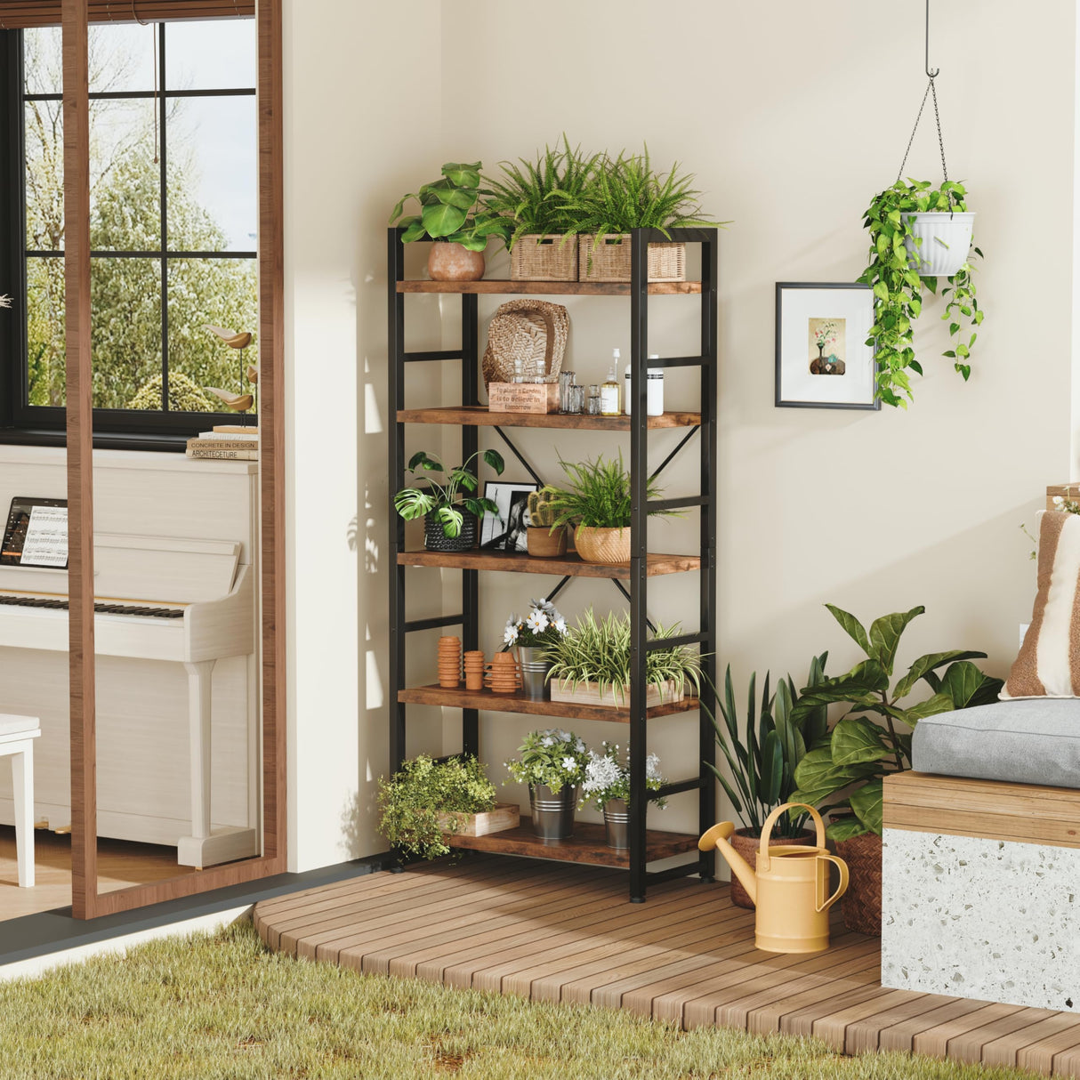 VERMESS 5 Tier Bookshelf, Tall Book Shelf, Vintage Industrial Bookcase with Open Display Shelves, Wood Storage Shelving Unit Metal Frame Standing Bookshelves for Bedroom/Home/Office, Rustic Brown VERMESS