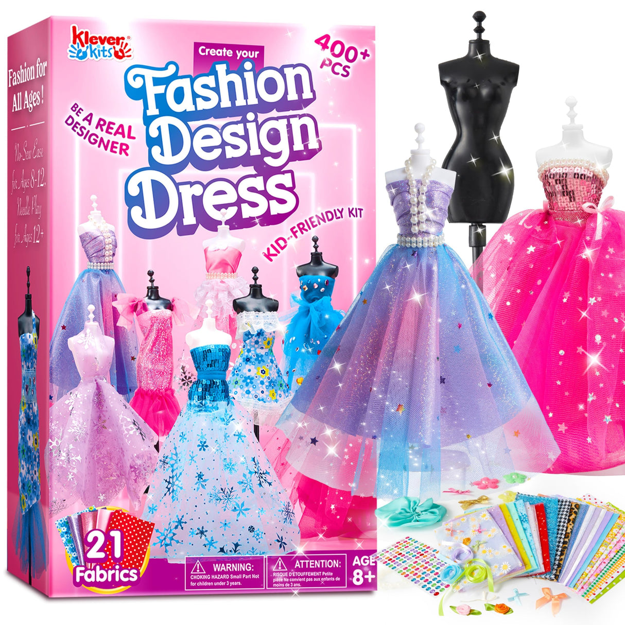 Klever Kits 400+PCS Fashion Design Crafts for Kids, Art and Crafts, DIY Sewing Kits with 3 Mannequins for Girls Aged 8-12, Birthday Presents, Toys fot Kids Klever Kits