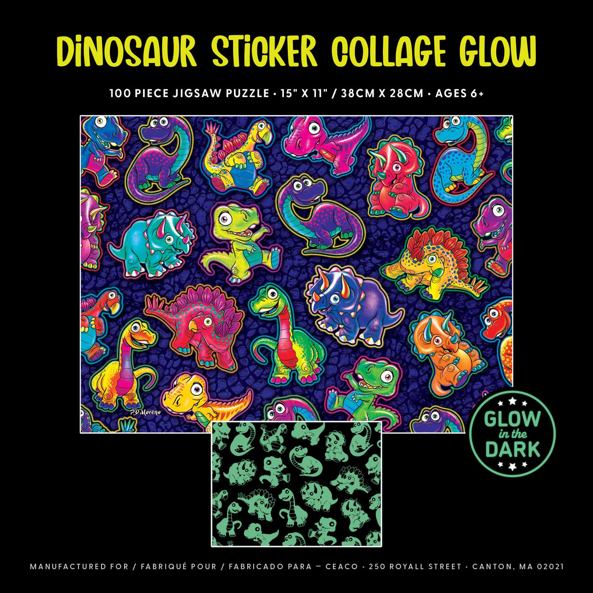 Ceaco - Glow in The Dark - Dinosaur Sticker Collage - 100 Piece Jigsaw Puzzle Ceaco