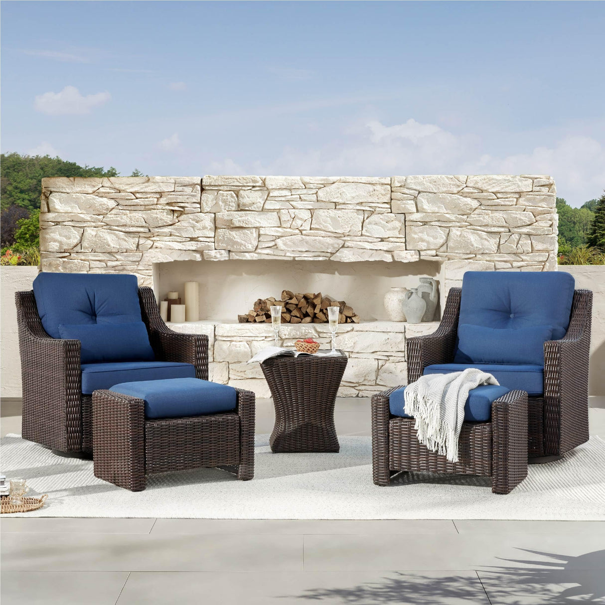 CHITA 5 Pieces Wicker Patio Furniture Set, Outdoor Conversation Set with 2 Pieces Rocking Swivel Chairs, 2 Pieces Ottomans and Side Table, Blue Cushions with Chestnut Wicker CHITA