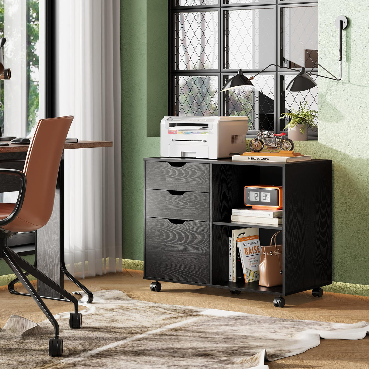 DEVAISE 3-Drawer Wood File Cabinet, Mobile Lateral Filing Cabinet, Printer Stand with Open Storage Shelves for Home Office, Black DEVAISE