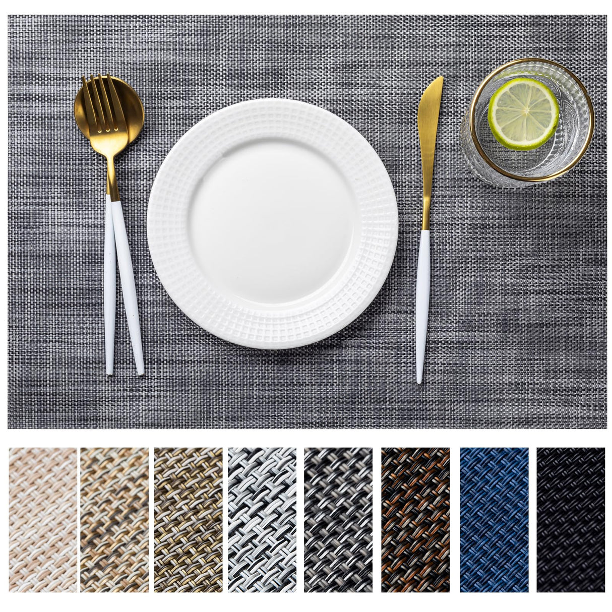 LEXMORE Placemats Set of 8 Vinyl/Plastic Woven Place Mats for Kitchen Table Indoor/Outdoor Washable Placemat Wipeable Dining Table Mats(Dark Gray) LEXMORE