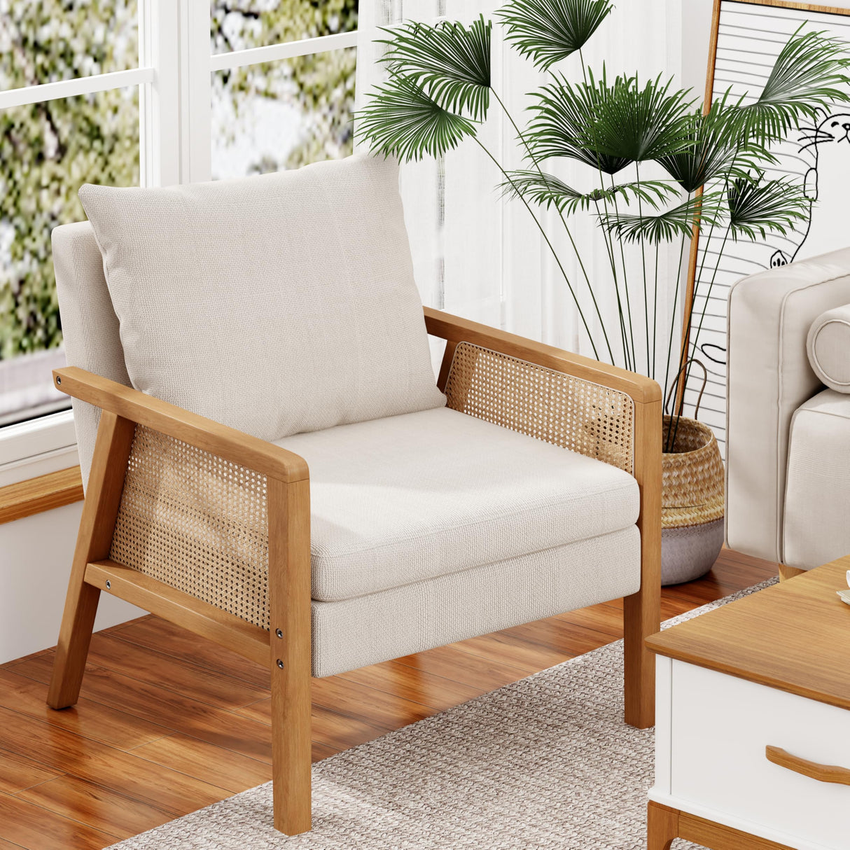 Awonde Ivory Accent Chair Linen Mid Century Modern Upholstered Living Room Chairs with Natural Rattan Arms Bedroom Reading Armchair Awonde