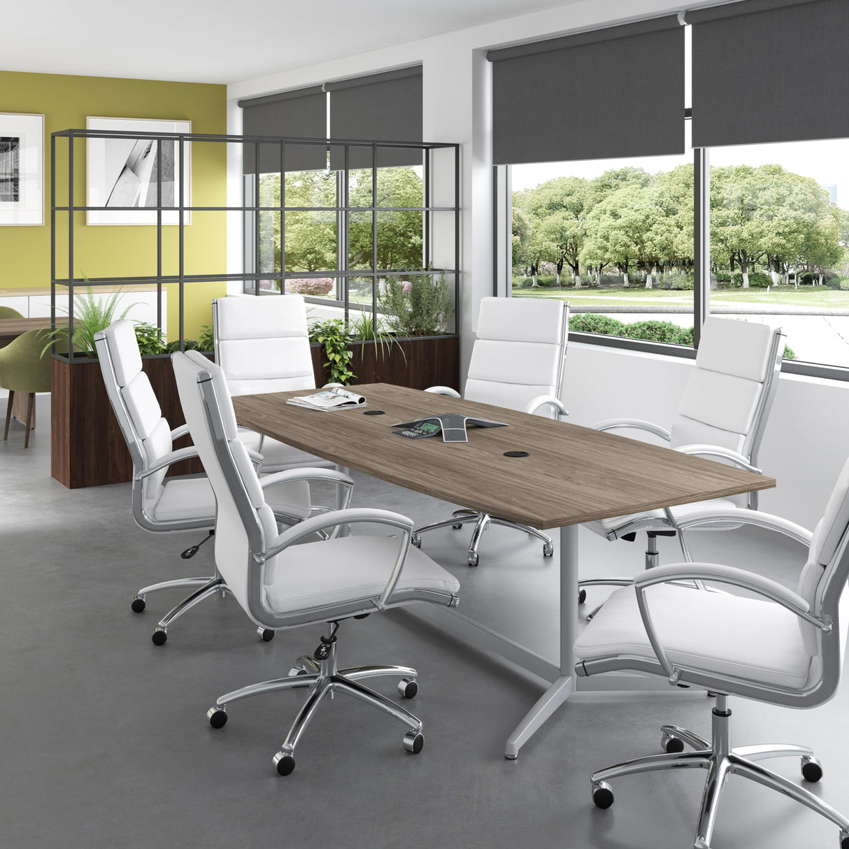 Bush Business Furniture Conference Table for 6-8 People with Sturdy Metal Base in Modern Hickory | Boat Shaped 8 Foot Meeting Desk for Office Boardrooms | 96Wx42D Bush Business Furniture