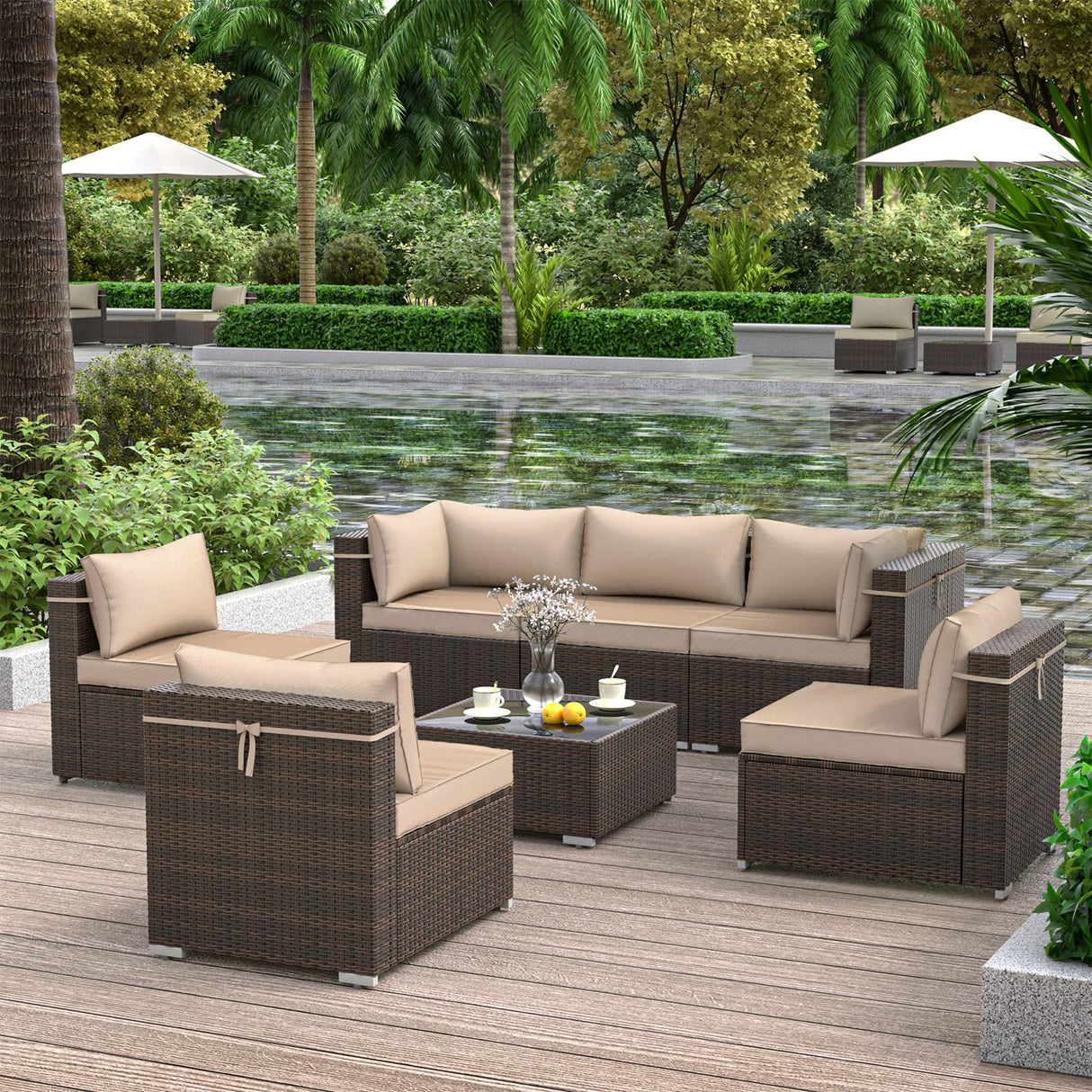 VONZOY Outdoor Patio Furniture Set 7 Pieces Sectional Rattan Sofa Set, PE Rattan Wicker Patio Conversation Set with 6 Seat Cushions and 1 Tempered Glass Table and Furniture Cover, Brown VONZOY