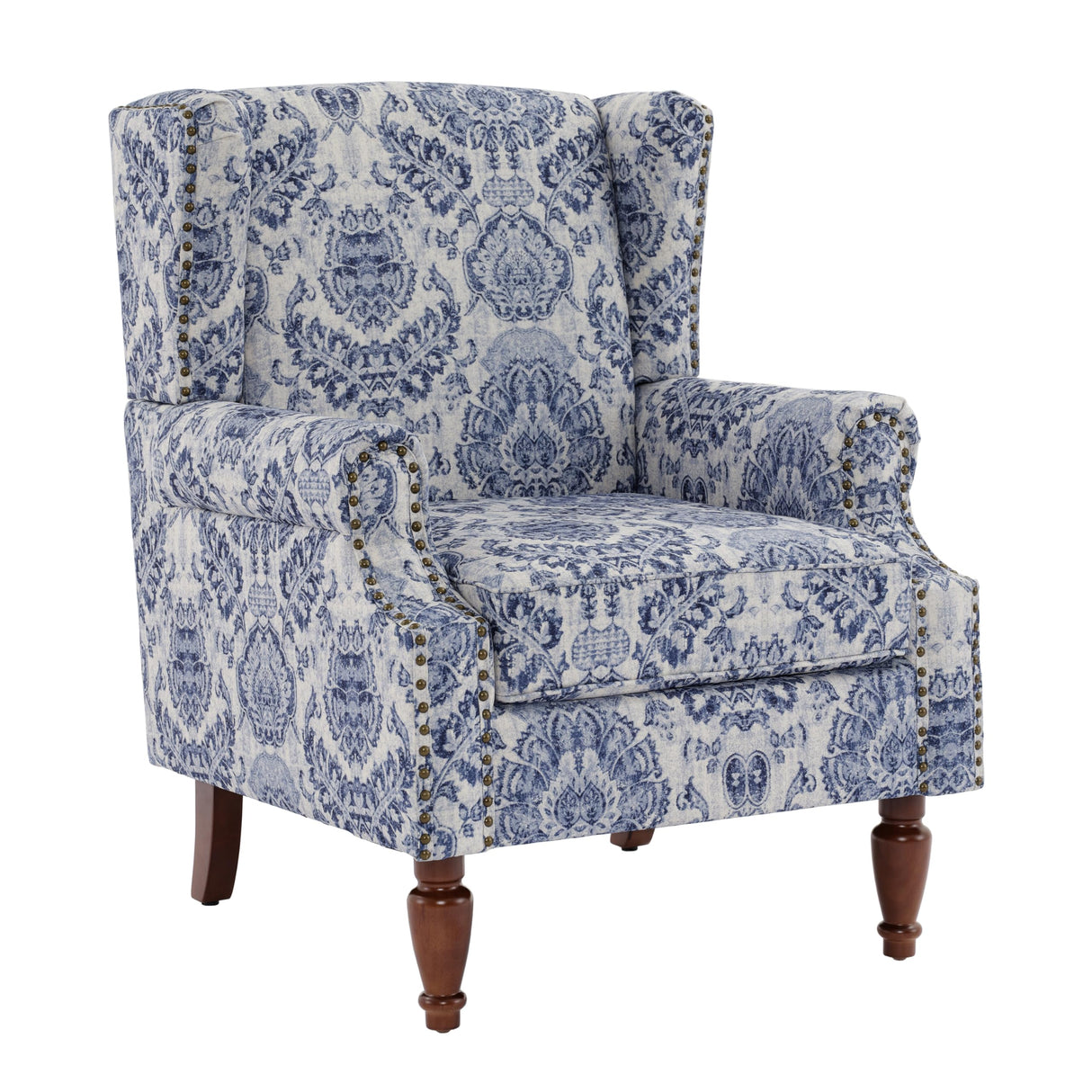UIXE High Back Floral Accent Chairs Set of 2, Upholstered Armchair in Fabric, Retro Printed Wingback Arm Chair for Living Room, Nailhead Trim Single Sofa Bedroom Reading Seat - Navy Blue UIXE