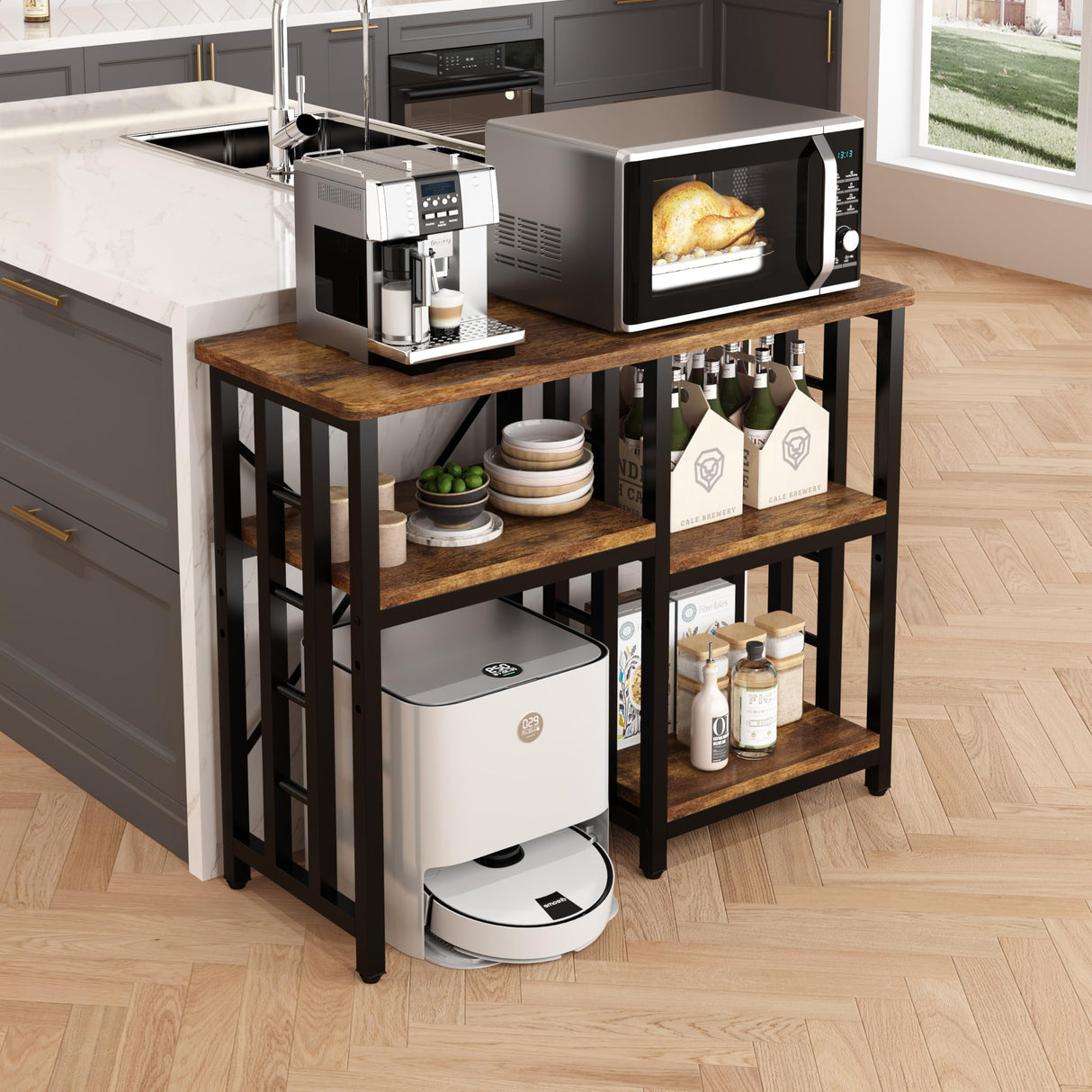 4-Tier Bakers Rack for Kitchens with Storage, Mini Fridge Stand, Microwave Oven Stand Table, Bar Cabinet, Aquarium Stands, Adjustable Shelves Freestadning for Kitchen, Living Room, Office, Patio. Yaruifnt