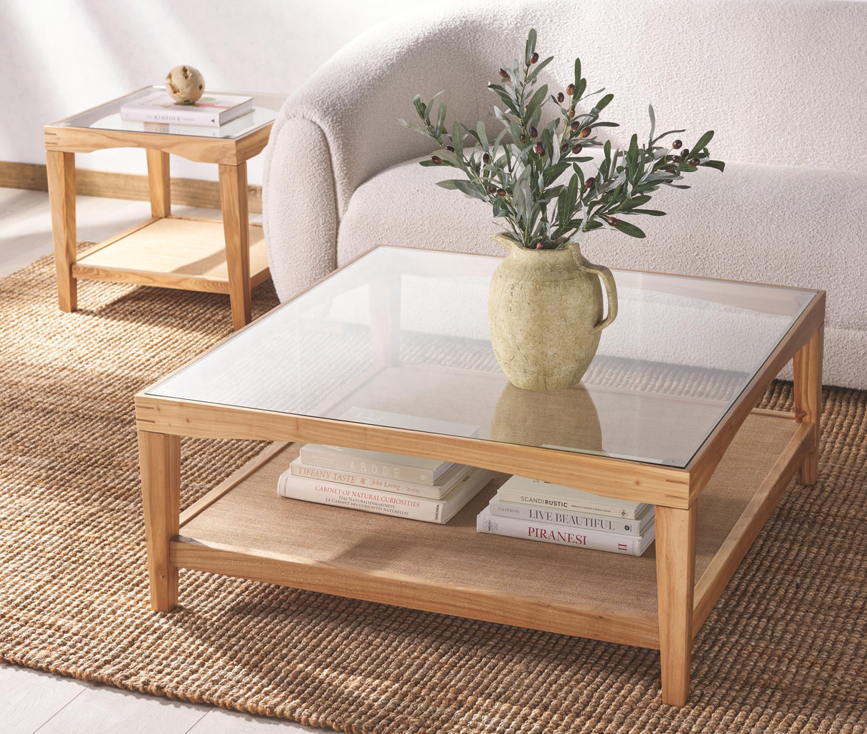 SAFAVIEH Couture Collection Nicolella Natural Solid Wood/Glass Top Square Coffee Table
