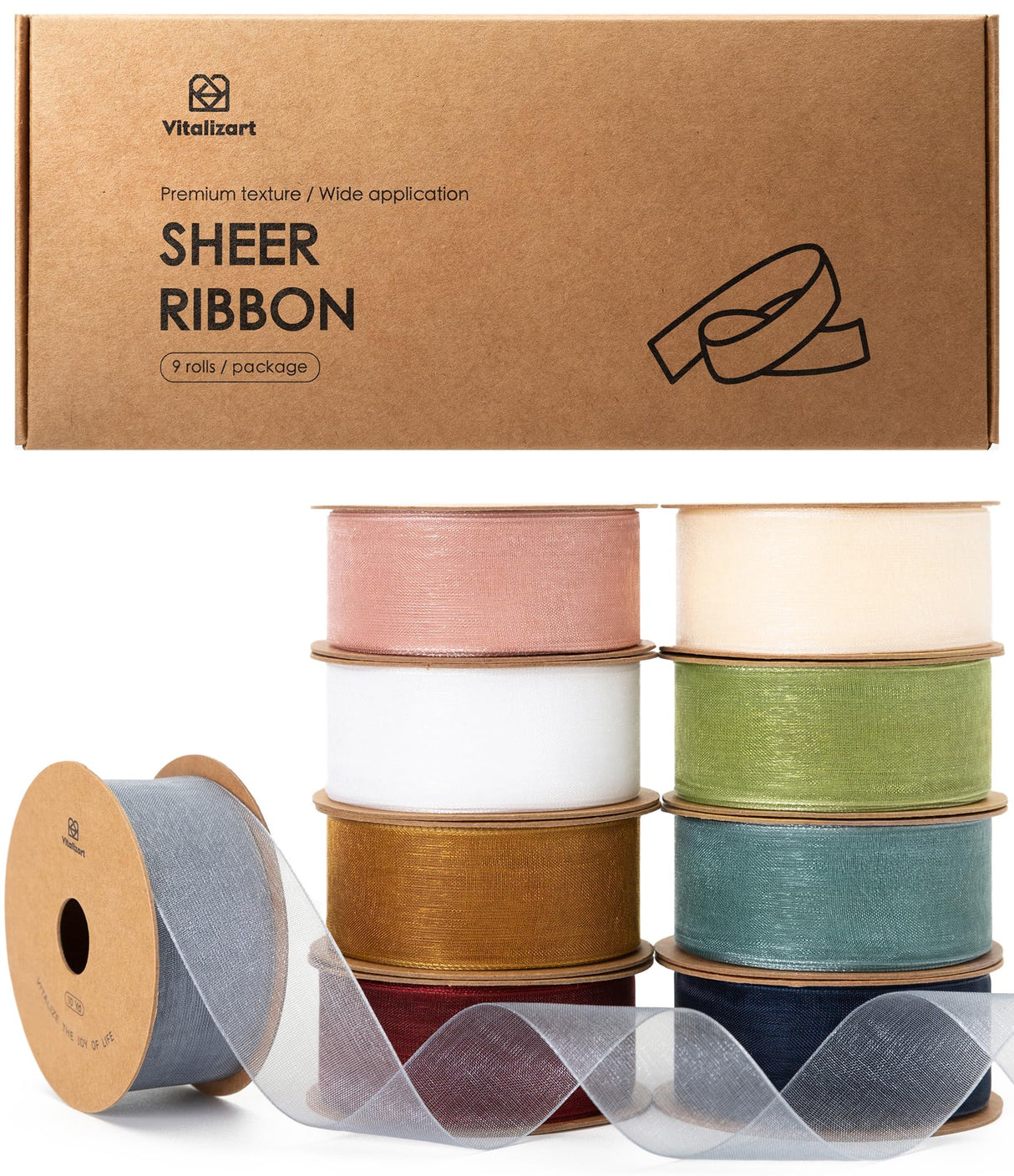 Vitalizart 1" x 90Yd Organza Ribbon Mixed Color Sheer Ribbons Set 10 Yd x 9 Rolls Handmade for Gift Wrapping Christmas Tree Crafts Bows Wedding Invitations Wreaths Wrap Vitalizart