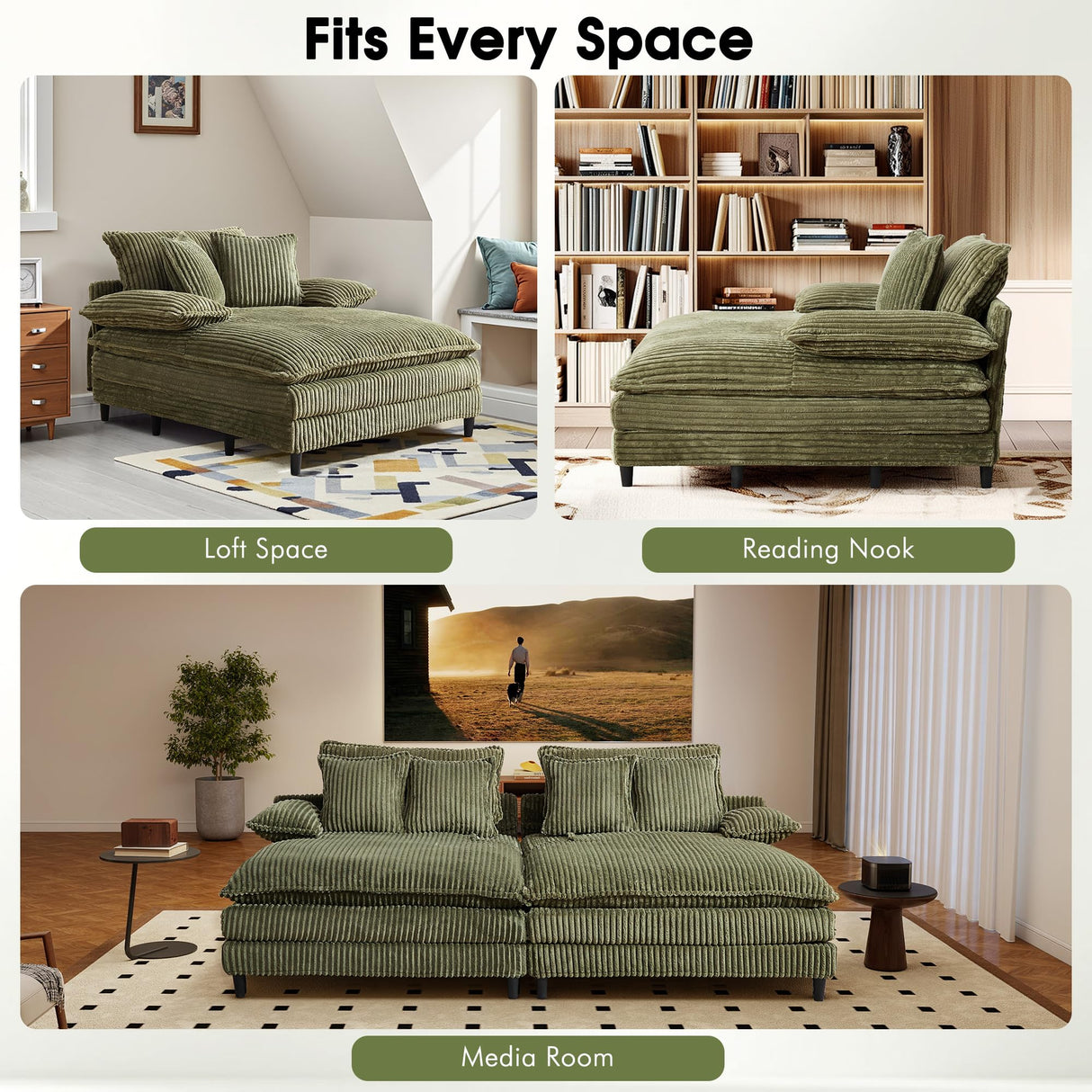 WESTSETLUX 55" W Oversized Chaise Lounge Sofa Couch with 5-Position Adjustable Backrest, Corduroy Sleeper Chair Sofa Bed, Reading Chair with Deep Seat, Cloud Couches for Living Room, Bedroom, Green WESTSETLUX