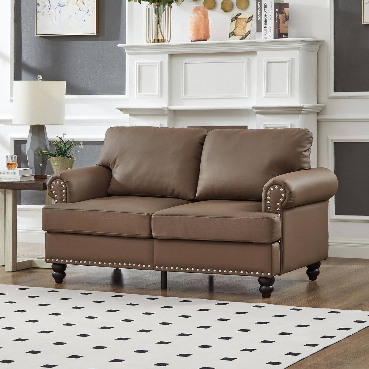 KEIKI Faux Leather Loveseat Sofa, 59.5"W Mid Century Modern Couch with Storage, Comfy 2 Seaters with Nailhead Trim & Rolled Armrests, Deep Seat Small Sleeper for Living Room, Apartment, Office, Brown KEIKI