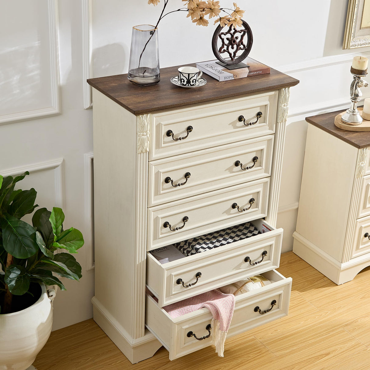 BLANKSPACE White Dresser for Bedroom,5 Drawers Dresser, Farmhouse Dresser for Bedroom,5 Chest of Drawers with Thickened Wood Carving for Closet,Hallway (Rustic White) BLANKSPACE