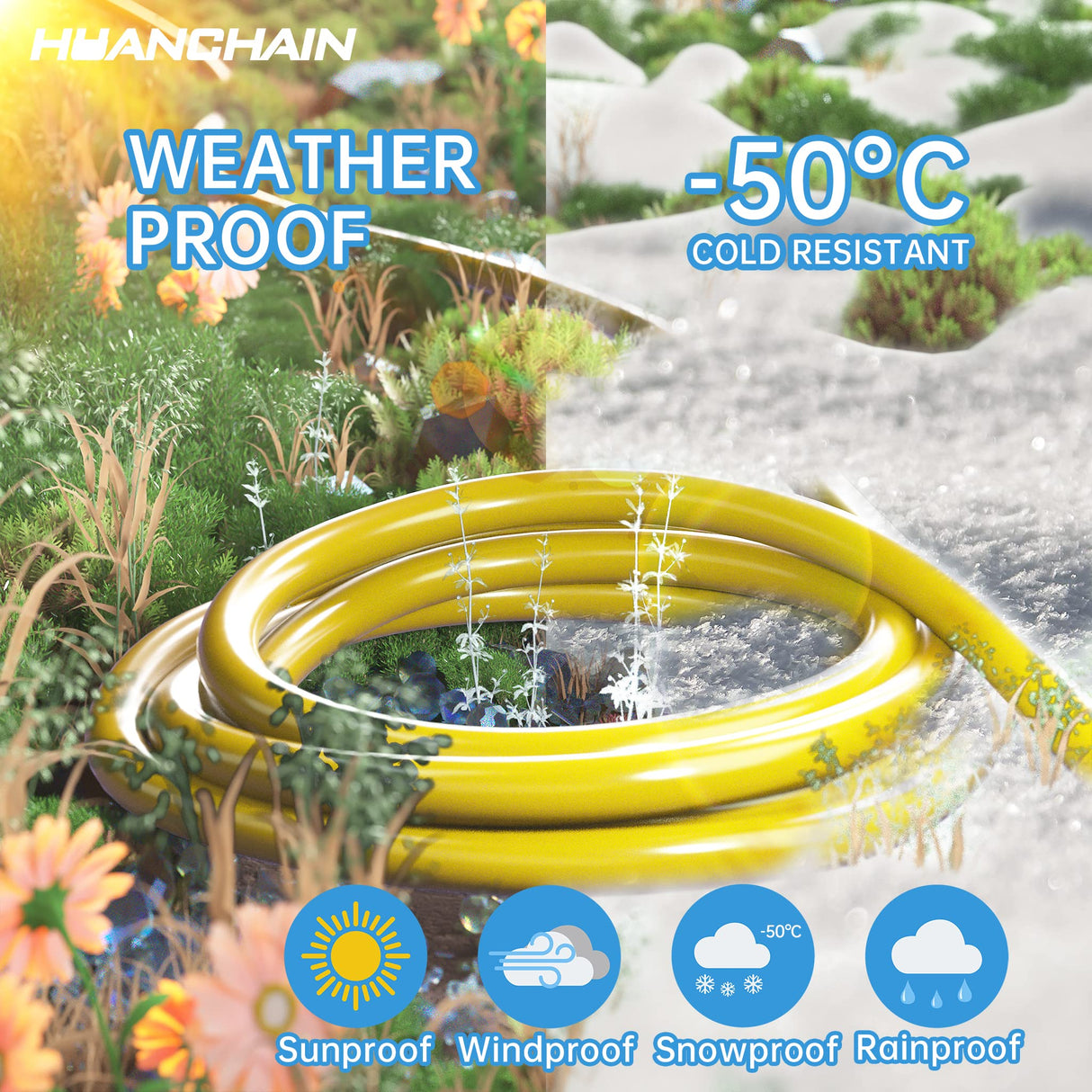 HUANCHAIN Indoor Outdoor Extension Cord 50 ft Waterproof, 16/3 Gauge Flexible Cold-Resistant Appliance Extension Cord Outside, 13A 1625W 16AWG SJTW, 3 Prong Heavy Duty Electric Cord Yellow, ETL huanchain