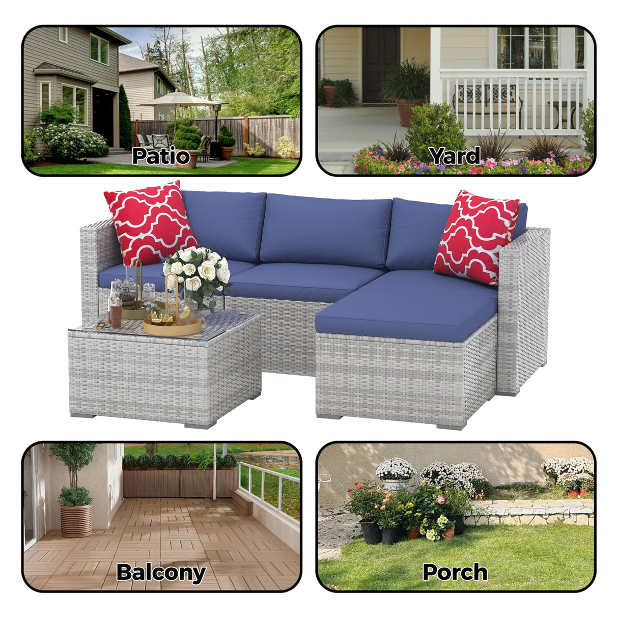 5 Piece Outdoor Patio Furniture Set, Rattan Deck Conversation Sofa Set with Non-Slip Cushions, All-Weather Sectional Sofa with Glass Storage Table and Balcony Footstool, Poolside, Garden, Porch, Gray GAOMON