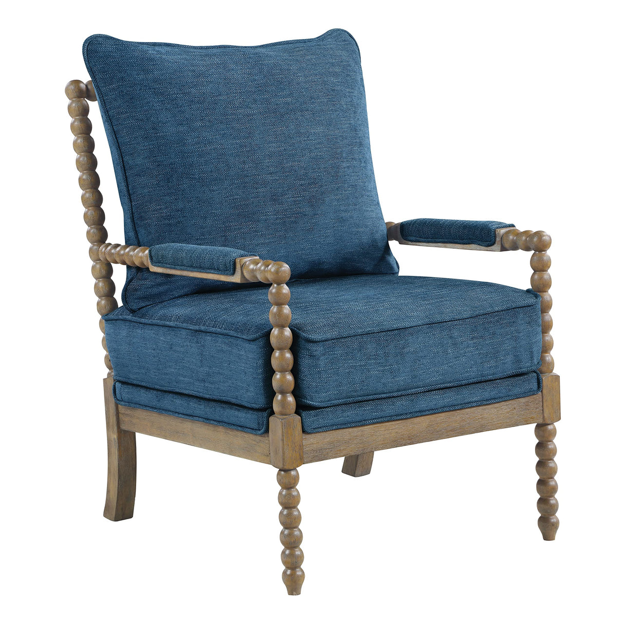 OSP Home Furnishings Fletcher Spindle Accent Chair with Rustic Brown Finish, Navy Blue Upholstery OSP Home Furnishings