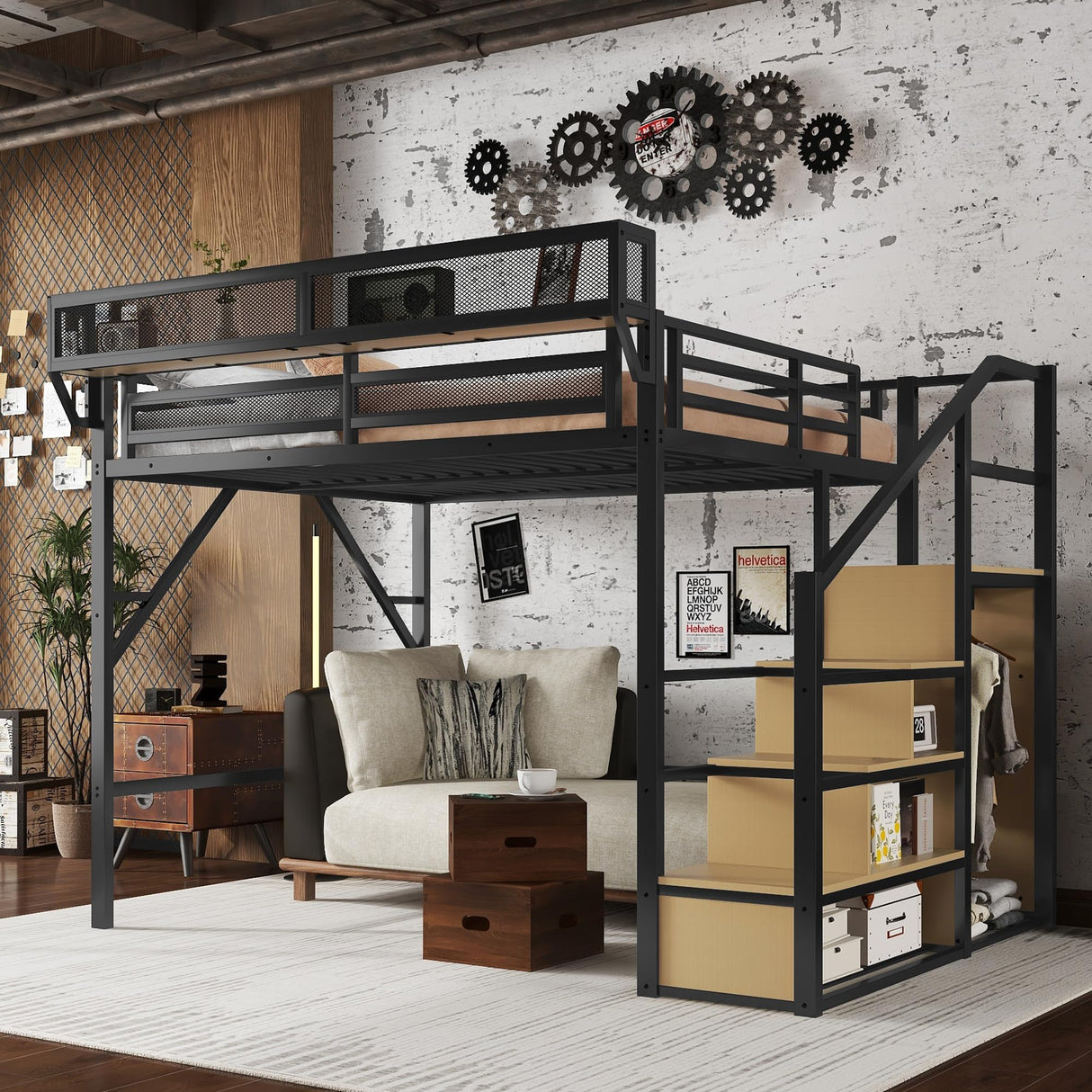 Mirightone Queen Size Loft Bed with Stairs, Metal Loft Beds, High Loft Bed Frame with Storage Shelves, Lofted Queen Bed with Wardrobe for Adults and Teens, No Box Spring Needed (Black+Natural) Mirightone