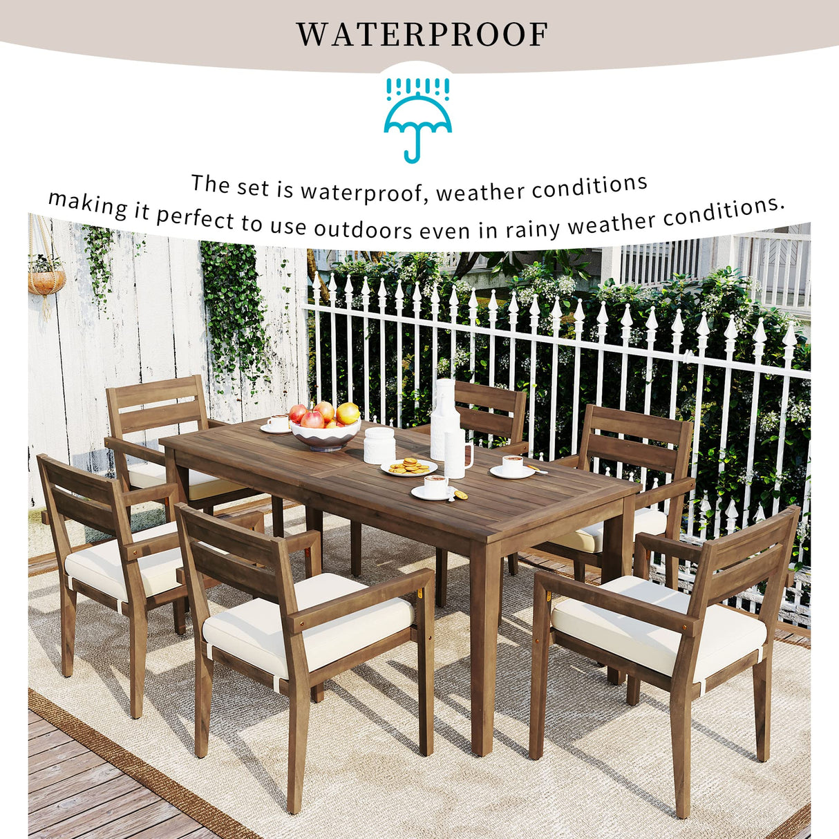 7-Pieces Acacia Wood Outdoor Dining Table Set, All-Weather Patio Conversation Dining Set, 70.9'' Dining Table with 6 Removable Cushion Chairs, Suitable for Patio Balcony Backyard (Burly Wood) VilroCaz