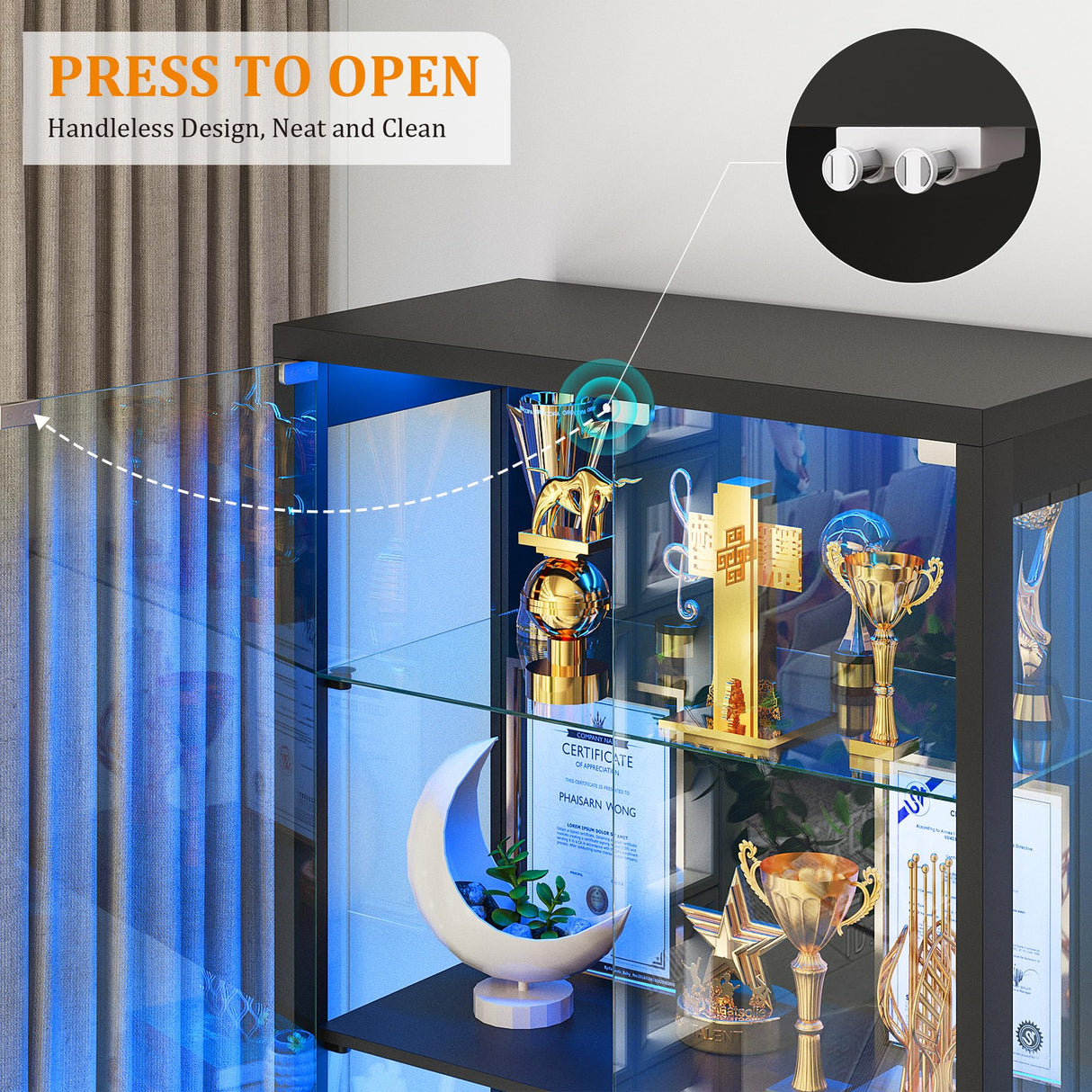 FREDEES Display Cabinet with Glass Doors,67" Adjustable Display Shelf with 2 Drawers and 4 Tier Curio Cabinet,Tall Bookcase with 3 Color Lights and Human Body Sensor for Toys,Books(Black) FREDEES