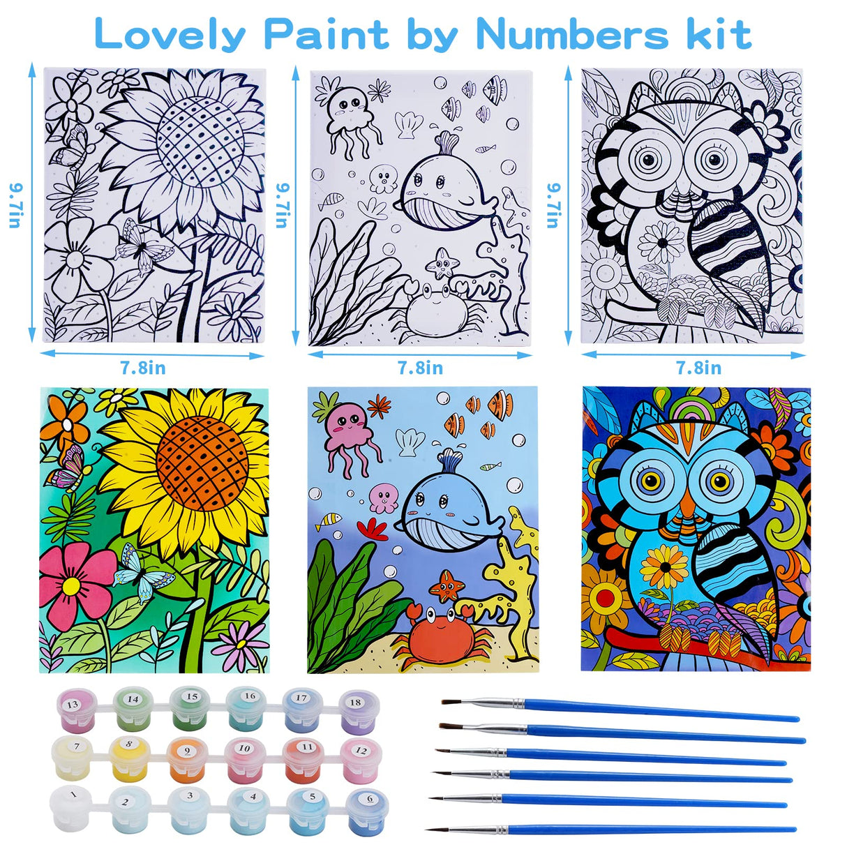 3 Pack Paint by Numbers Kit for Kids Ages 8-12, 10 * 8 inch Color by Number for Kid Framed Canvas with 18 Acrylic Paint Pots and 6 Brushes, Paint by Number, Arts and Crafts Art Supplies for Kids 9-12 Volmop
