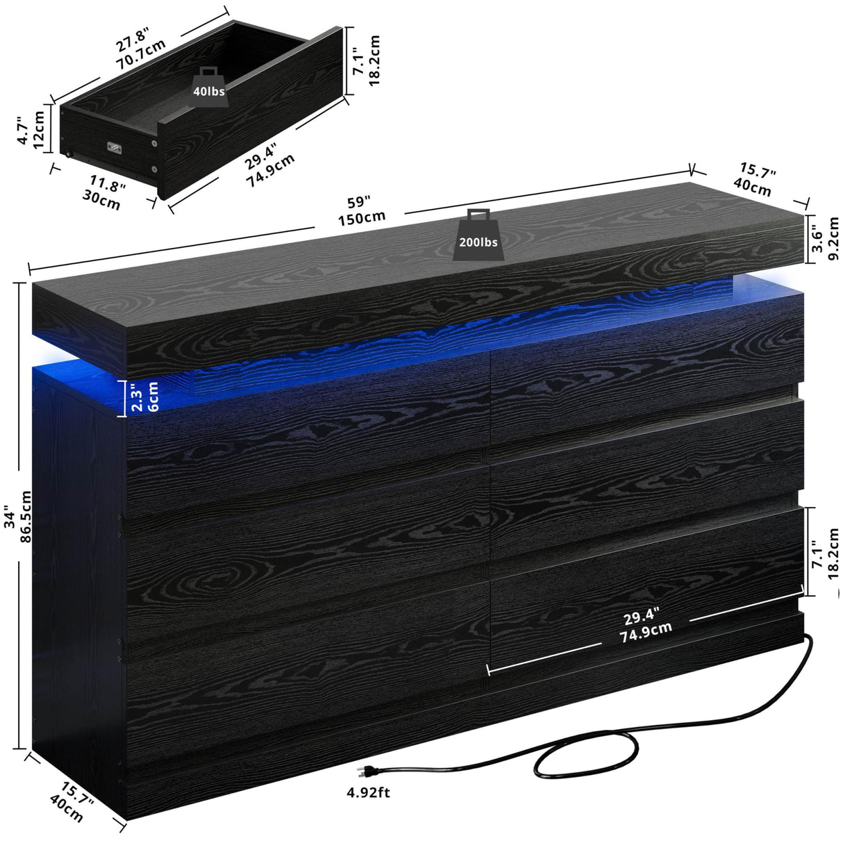 LIKIMIO 59" 6 Drawers Dresser for Bedroom, with LED & Power Strip, Large Wood Dressers & Chest of Drawers, Wide Storage Cabinet, Black LIKIMIO