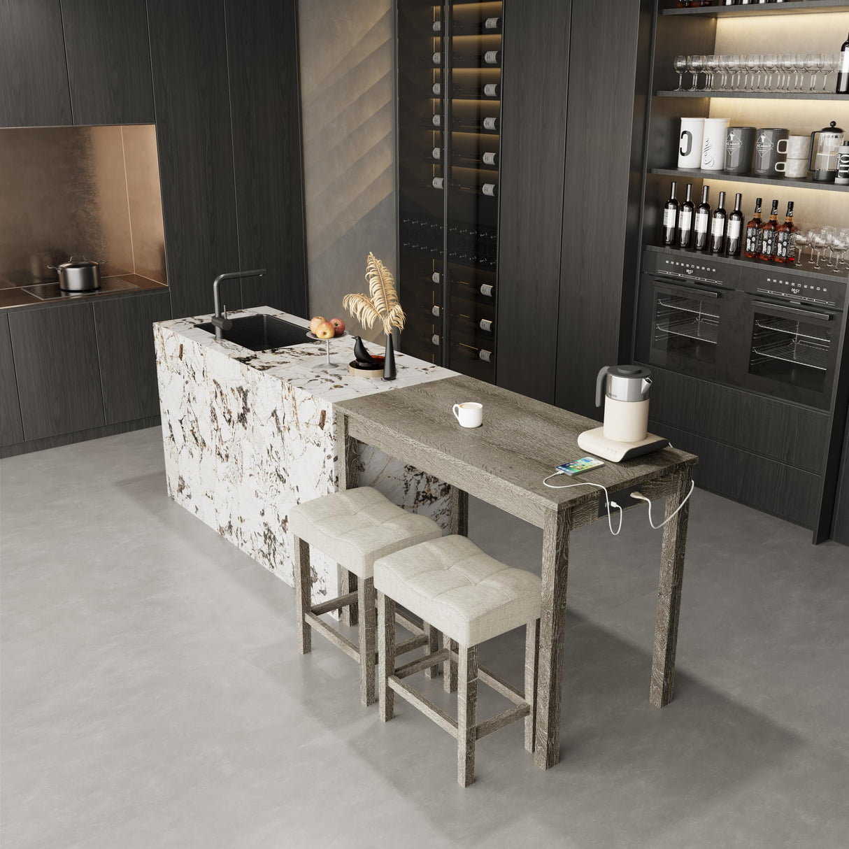 3-Piece Allamazing Natural Counter Height Bar Table Set with USB Ports and 2 Fabric Padded Stools allamazing