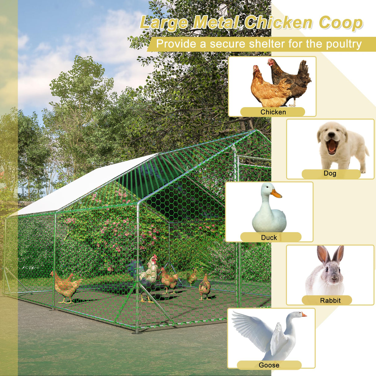Metal Chicken Coop 13x10x6.56ft Large Walk-in Poultry Cage for 10/15 Chickens Chicken Run Hen Rabbit Duck House with Waterproof Cover for Outdoor Farm Use Hohuqeri