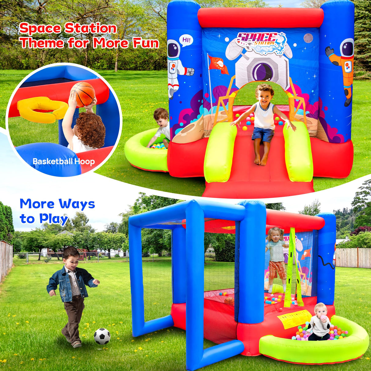 WELLFUNTIME Inflatable Bounce House with Slide, Jumping Castle with Blower for Kids Play House with Wave Pool WELLFUNTIME