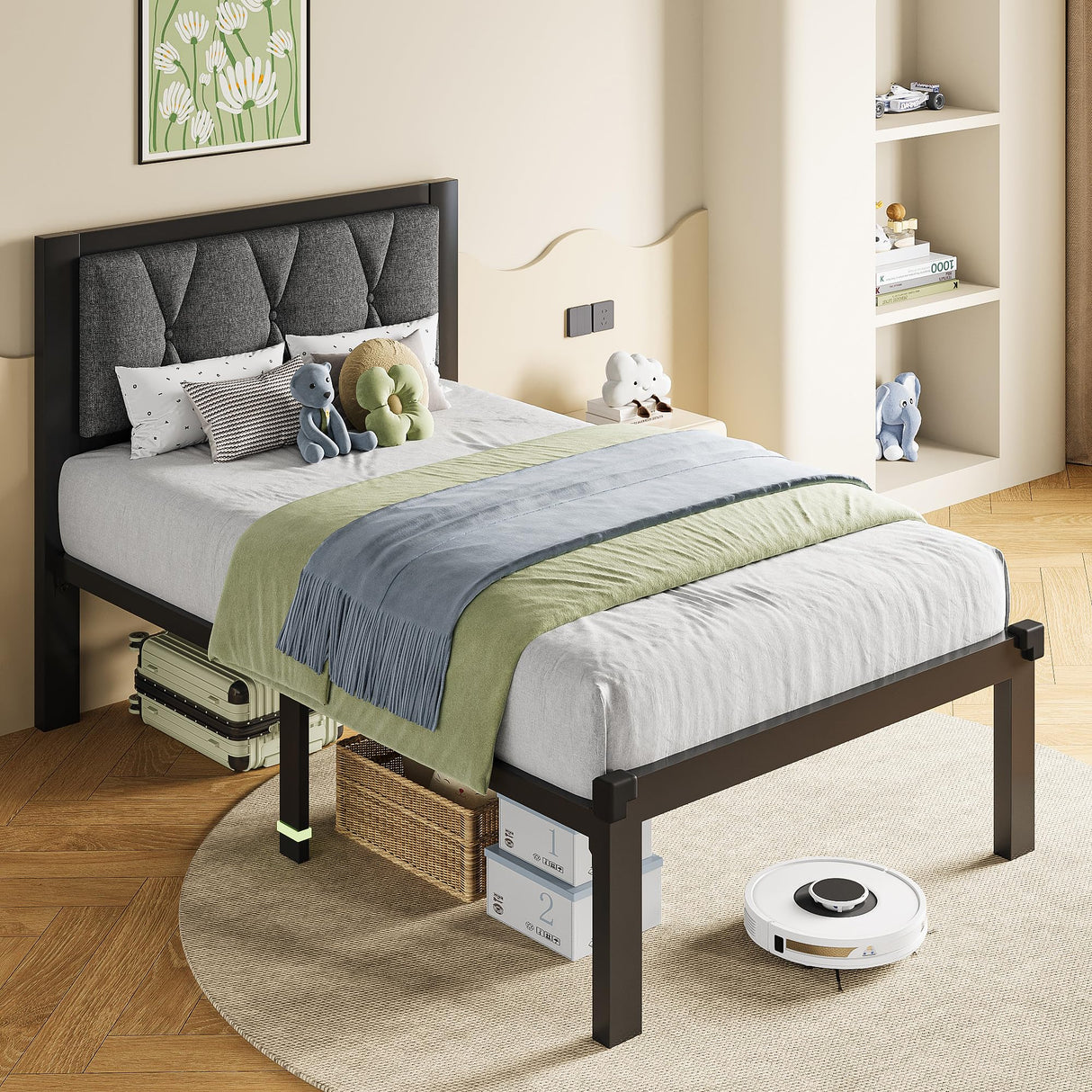 GalnFu Twin Metal Bed Frames, Upholstered Platform Bed Frame with Linen Button Tufted Headboard, No Box Spring Needed, Easy Assembly, Dark Grey GalnFu