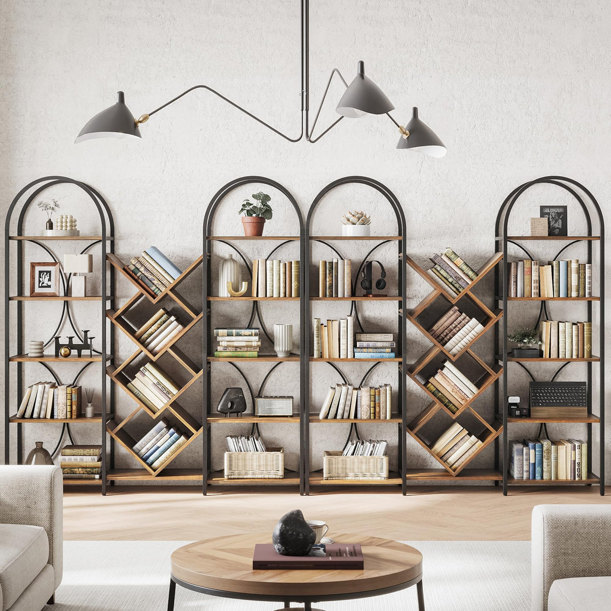 LIKEMET Triple 5 Tier Bookshelf, Bookcase with 18 Open Display Shelves, Wide Tree Bookshelf Metal Frame Tall Book Case for Living Room Home Office Rustic Brown LIKEMET