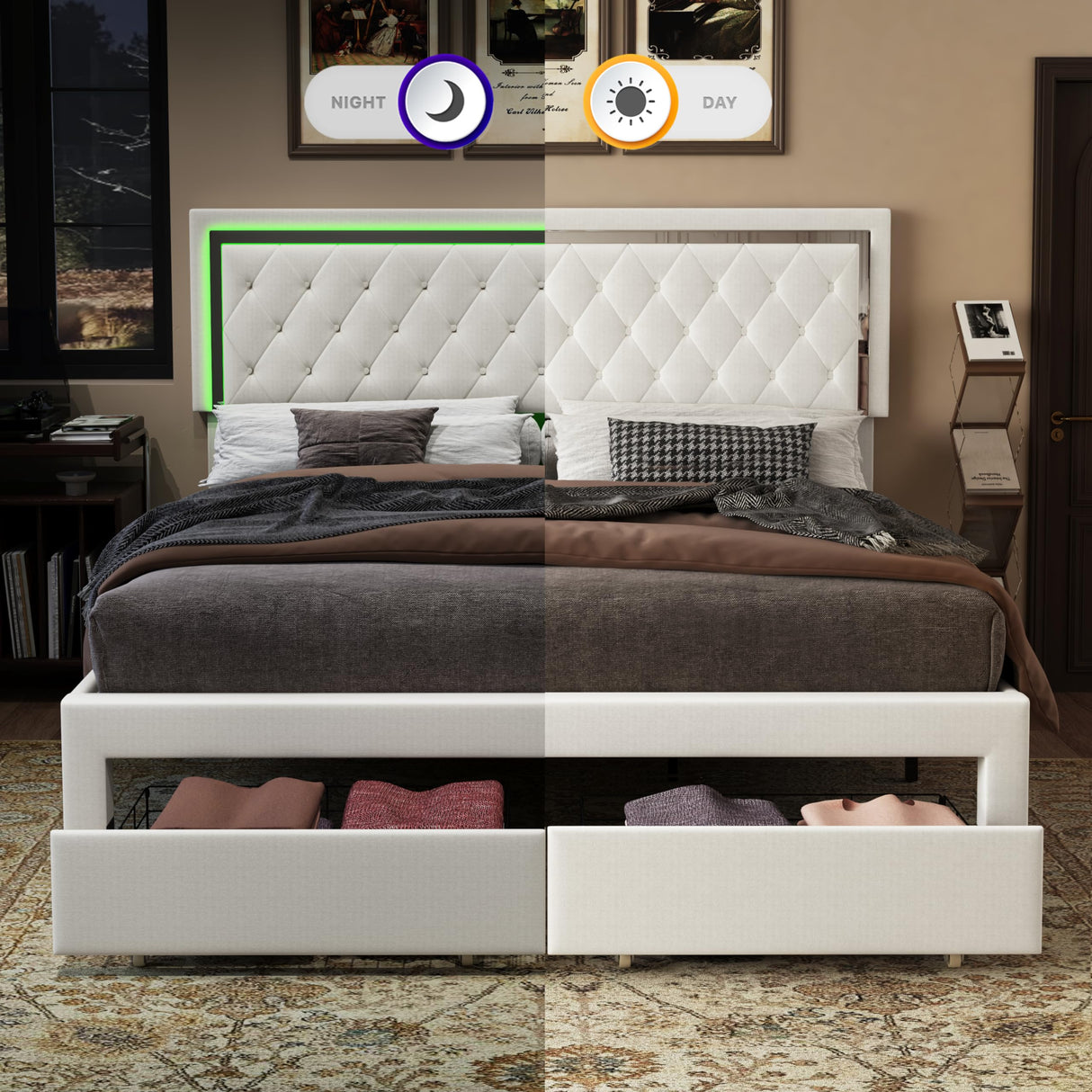 Jocisland Velvet Upholstered Queen Bed Frame with LED Lights and Storage Drawers Jocisland