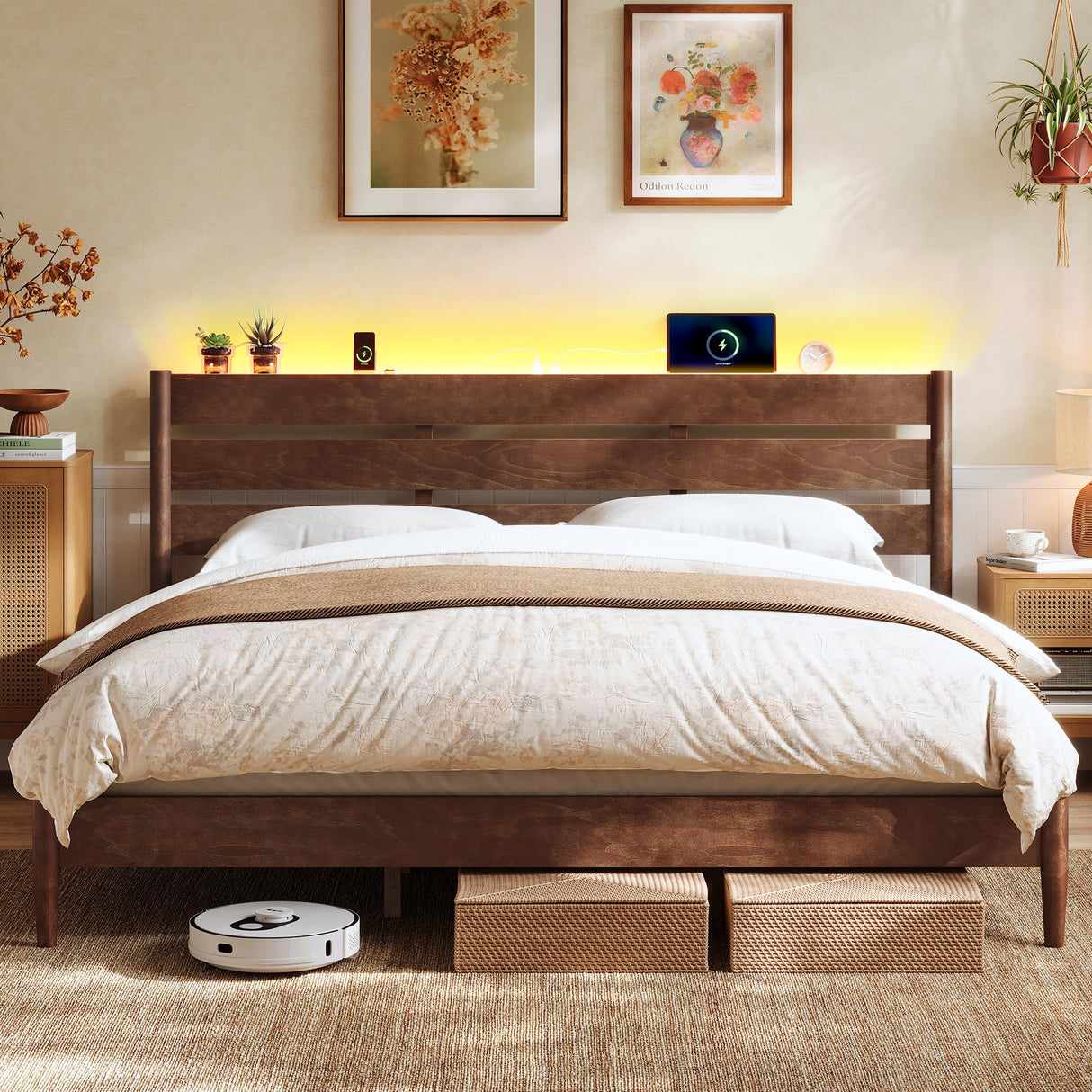 SONGMICS HOME King Bed Frame with Solid Wood Legs Slats, Platform Bed with Headboard, LED Lights, Charging Station, Mid-Century Modern Style, No Box Spring Needed, Coffee Brown URMB414K02 SONGMICS HOME