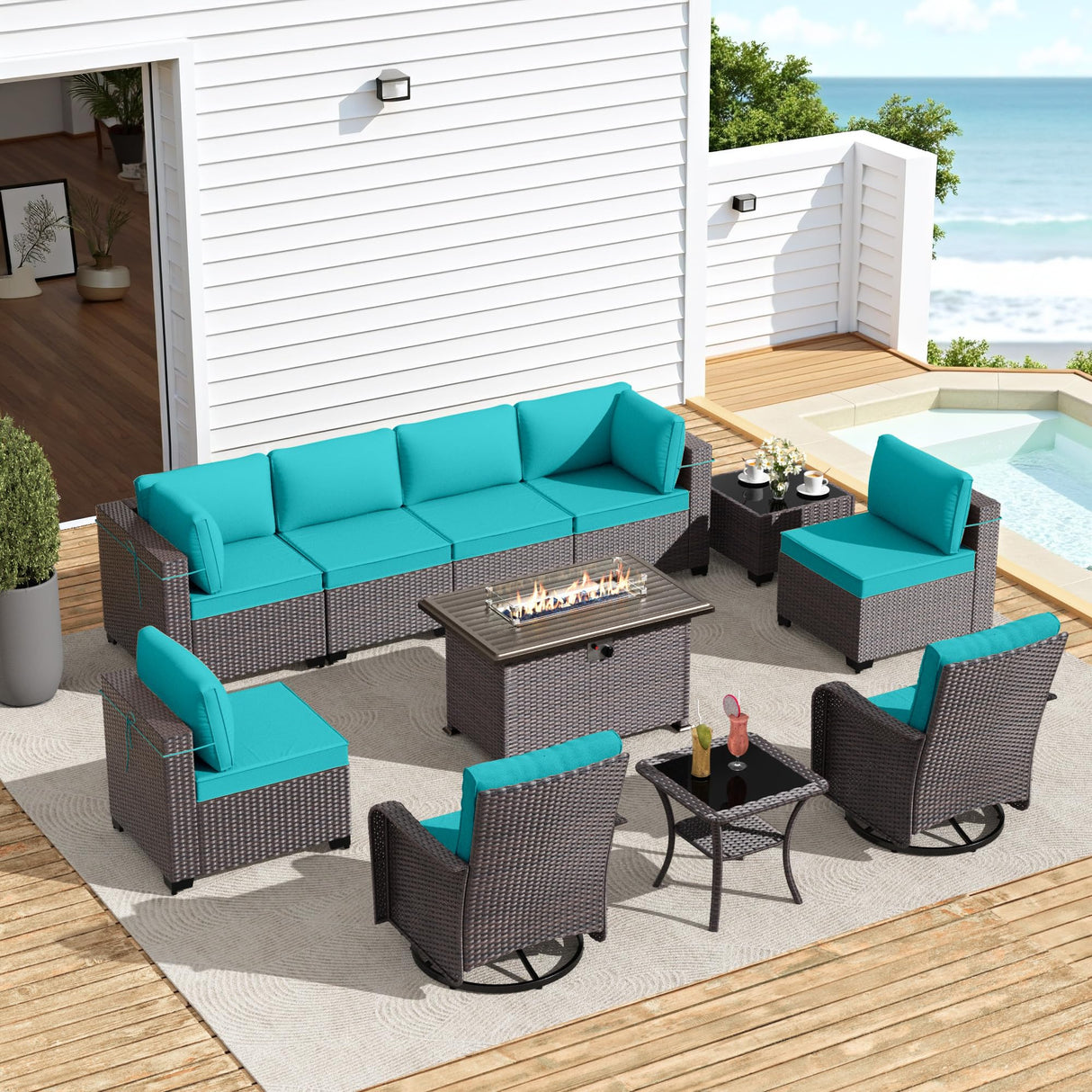 Gotland 11 Pieces Outdoor Patio Furniture Set with 2 Swivel Rocking Chairs&55,000 BTU Gas Fire Pit Table w/Glass Wind Guard Patio Conversation Sectional Sofa Sets-Blue Gotland