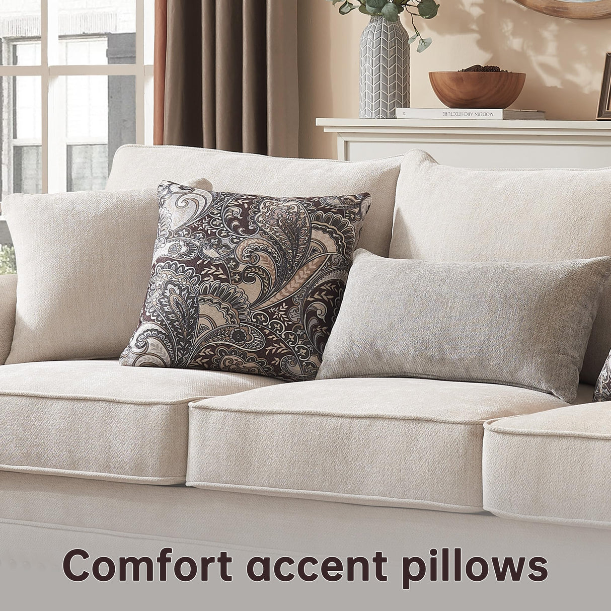 Modern Farmhouse Loveseat Sofa, Chenille Upholstery with Nailhead Trim, Small Couch for Living Room, Bedroom, Office, or Apartment, Includes 4 Accent Pillows Farati