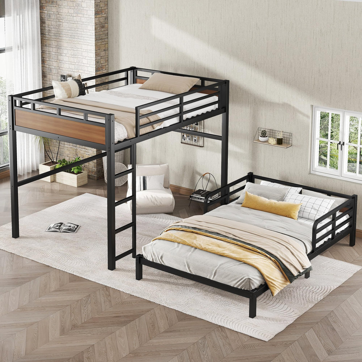 Full Over Full Bunk Bed with Headboard and Full Length Guardrail, Separable Bunk Bed Full Size, Heavy Duty Bunk Beds Can Turns Into Loft Bed and Platform Bed, Walnut Bellemave