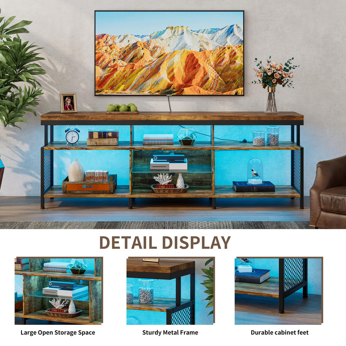 Algglobuy TV Stand for 65 75 Inch TV with LED Lights, Entertainment Center with Open Storage Tempered Glass Shelf & Power Outlets, Industrial TV Console Table for Living Room, Bedroom, Rustic Brown Algglobuy