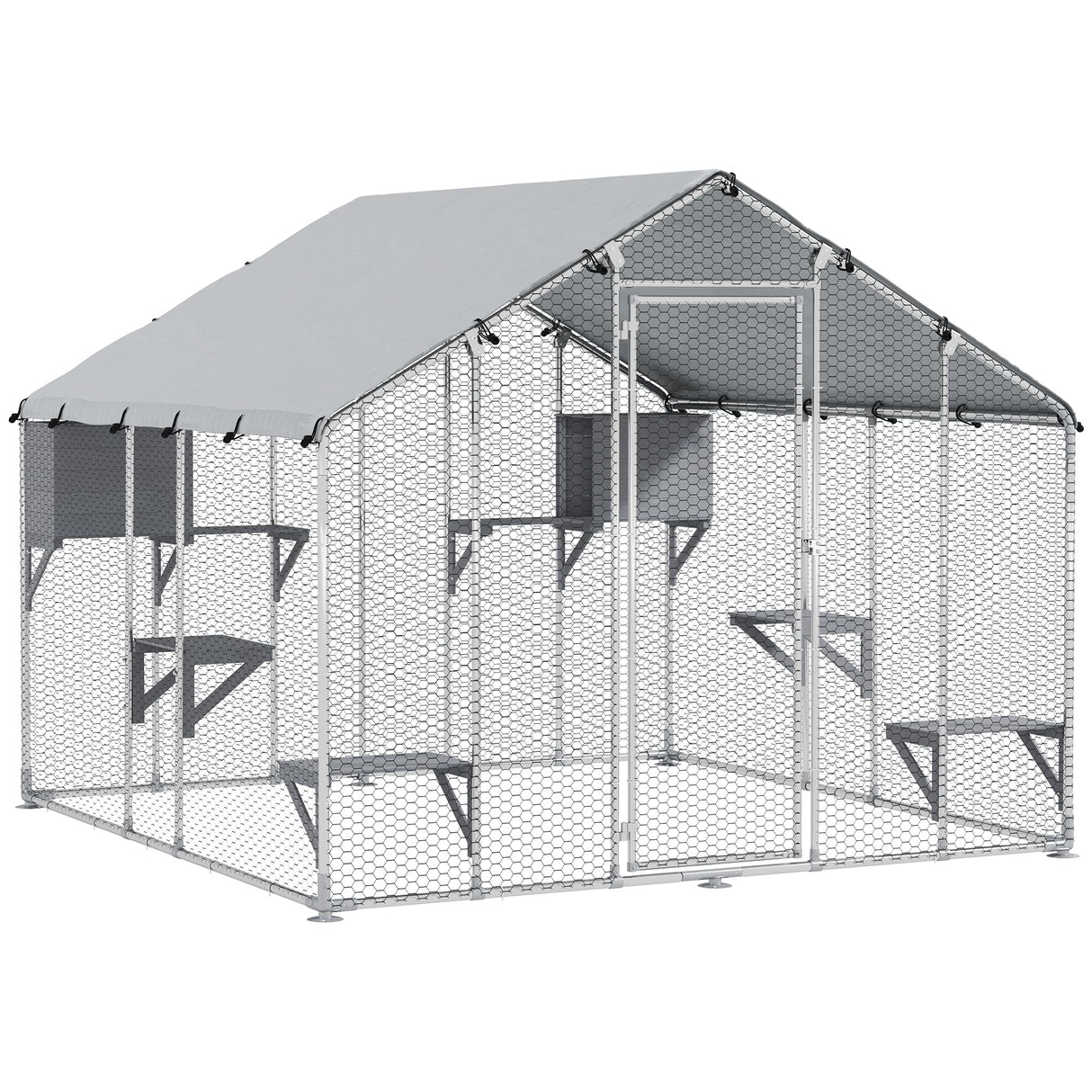 PawHut Catio Outdoor Cat Enclosure, 94.5" Extra Large Walk-in Cat House with Waterproof Cover, 2 Resting Boxes, 7 Jumping Platforms, Chicken Run Coop, Rabbit Hutch, Feral Cat Shelter for Multiple Cats PawHut