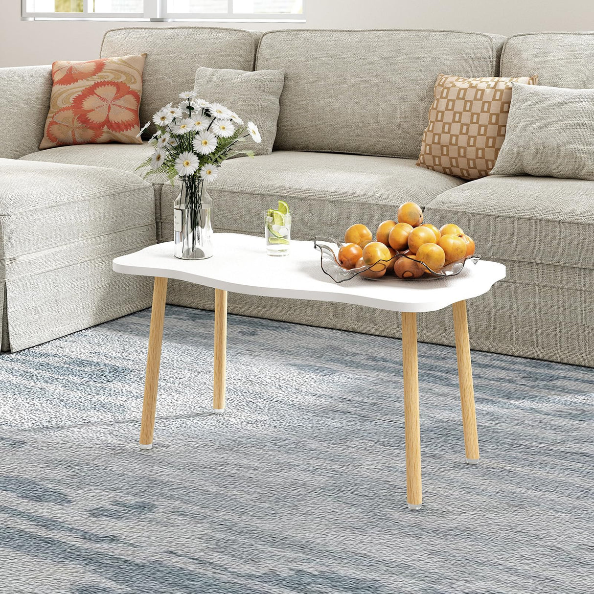 Funecy Cookie Coffee Table Low Table with 4 Solid Wood Sturdy Legs, Floor Table Desk for Sitting on The Floor, Storage and Living Room Furniture (White) Funecy