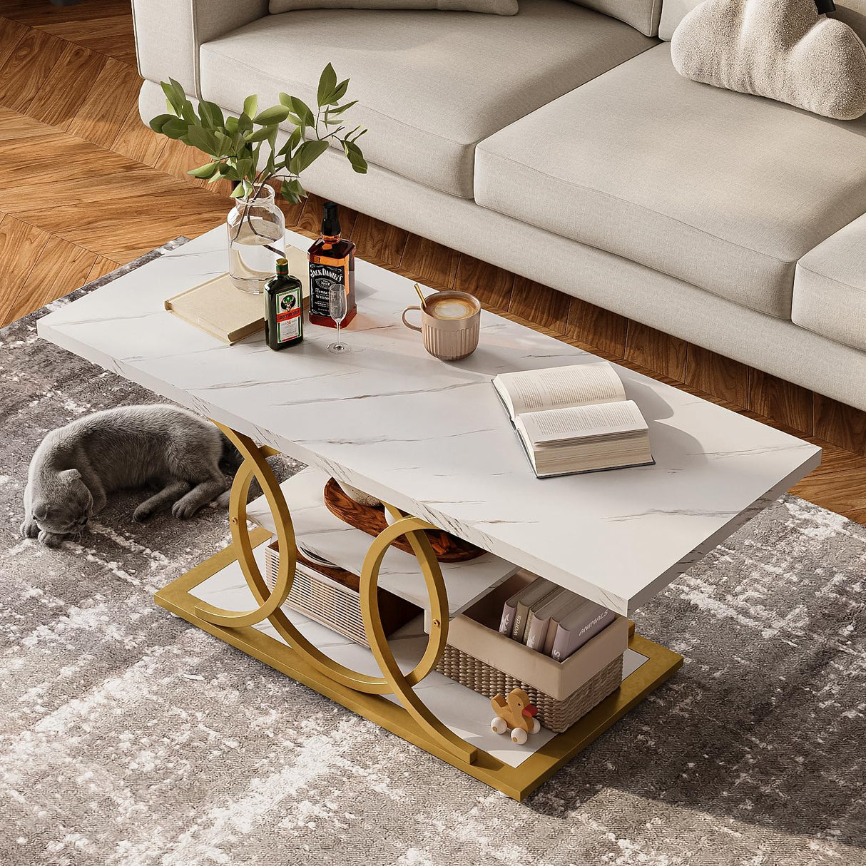 GiftGo Rustic Coffee Table with Storage Modern 3 Tier Center Living Room Table Faux Marble Wooden Rectangle Cocktail Tea Table for Office Bedroom Elegant Full Moon Design (White Gold, L-47) GiftGo
