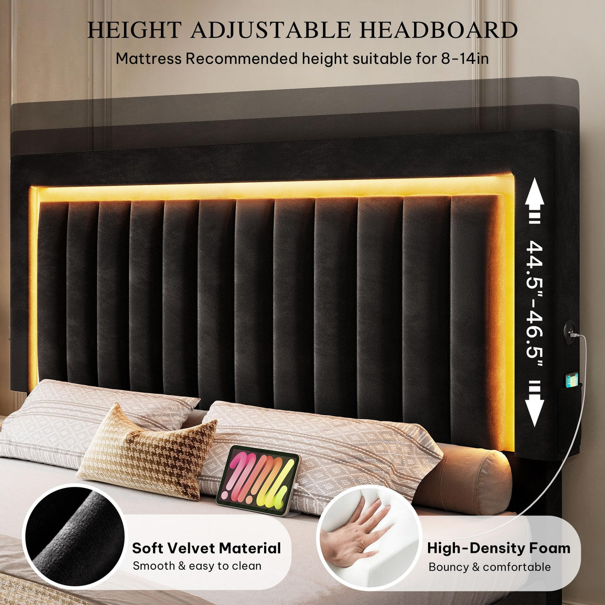 DWVO King Size Bed Frame with Adjustable Headboard, 4 Storage Drawers and RGB LED Lights, Velvet Upholstered Platform Bed with USB Ports, No Box Spring Needed, Fast Assembly, Noise-Free, Black DWVO