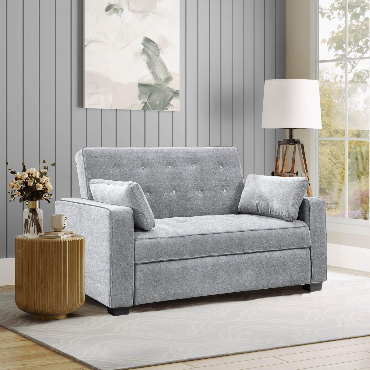 Lifestyle Solutions Ainsley Full Size Convertible Loveseat, Light Grey Serta