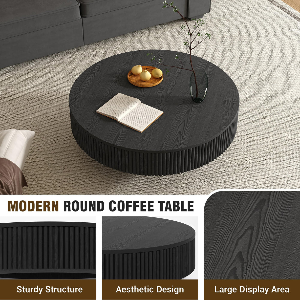 Apicizon 31.5'' Black Round Fluted Coffee Table for Living Room, Mordern Wood Coffee Table, Drum Coffee Table for Small Space, Center Accent Table, Mid-Century End Table for Apartment Apicizon